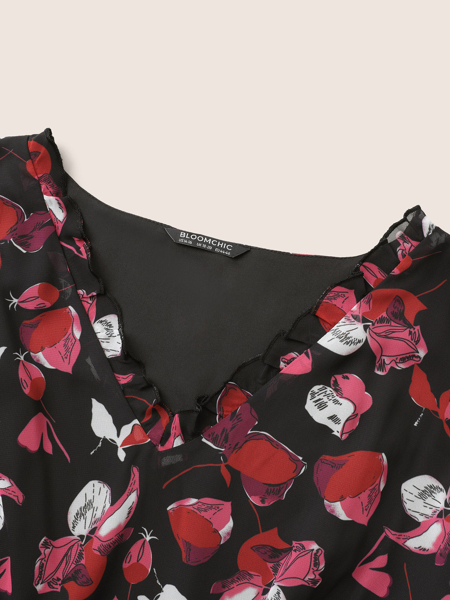 Plus Size Women Party Floral Elastic cuffs Lantern Sleeve Elbow-length sleeve V-neck Cocktail Blouses BloomChic 