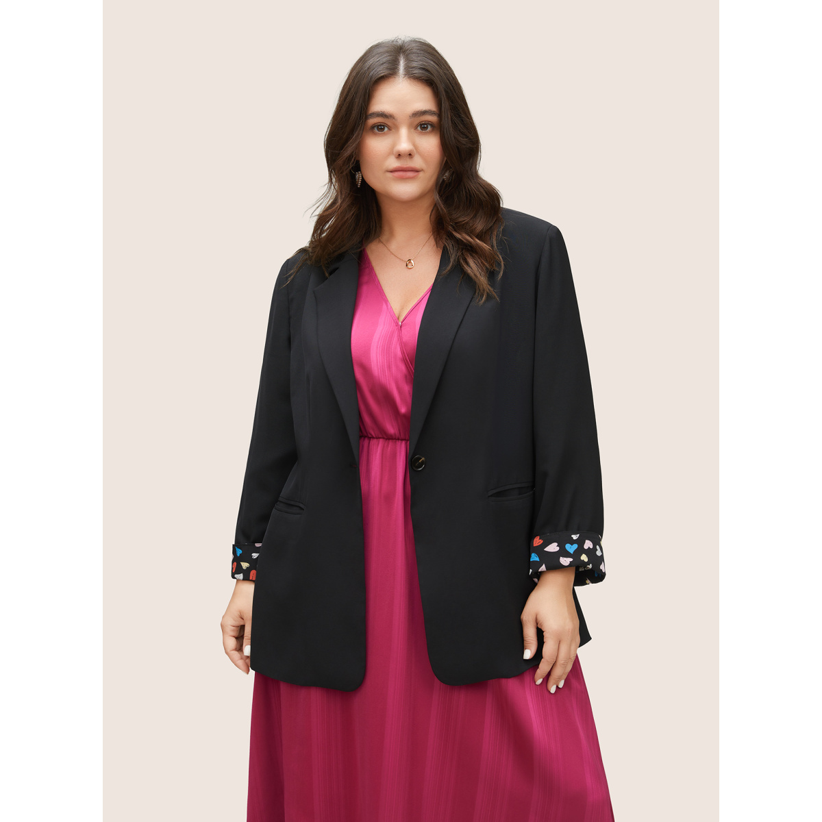 

Plus Size Colour Heart Lined Suit Collar Pocket Blazer Black Women Work Heart Print Non  Double-flap pocket At the Office Blazers BloomChic