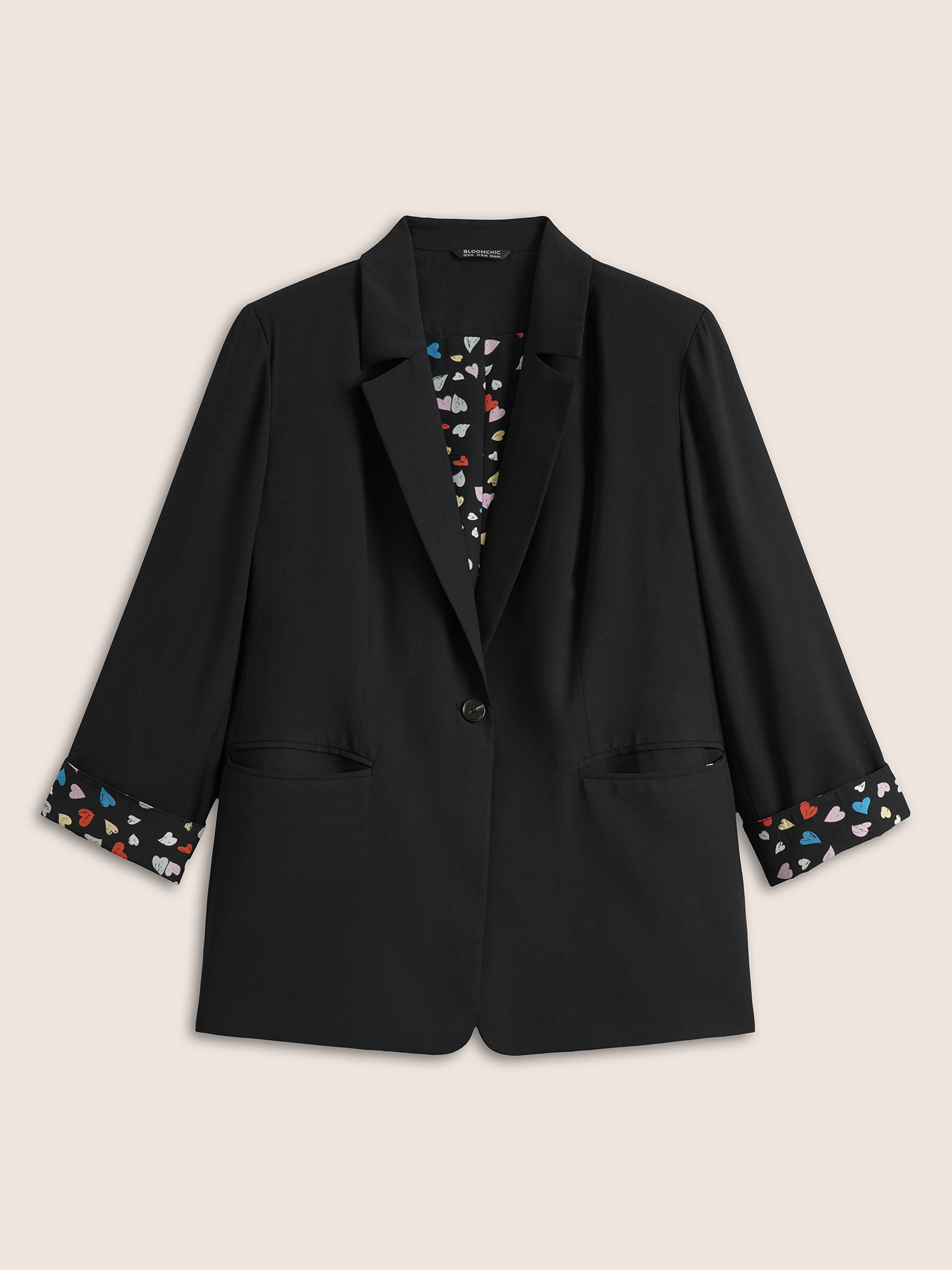 

Plus Size Colour Heart Lined Suit Collar Pocket Blazer Black Women Work Heart Print Non Sleeve Long Sleeve Suit Collar  Double-flap pocket At the Office Blazers BloomChic