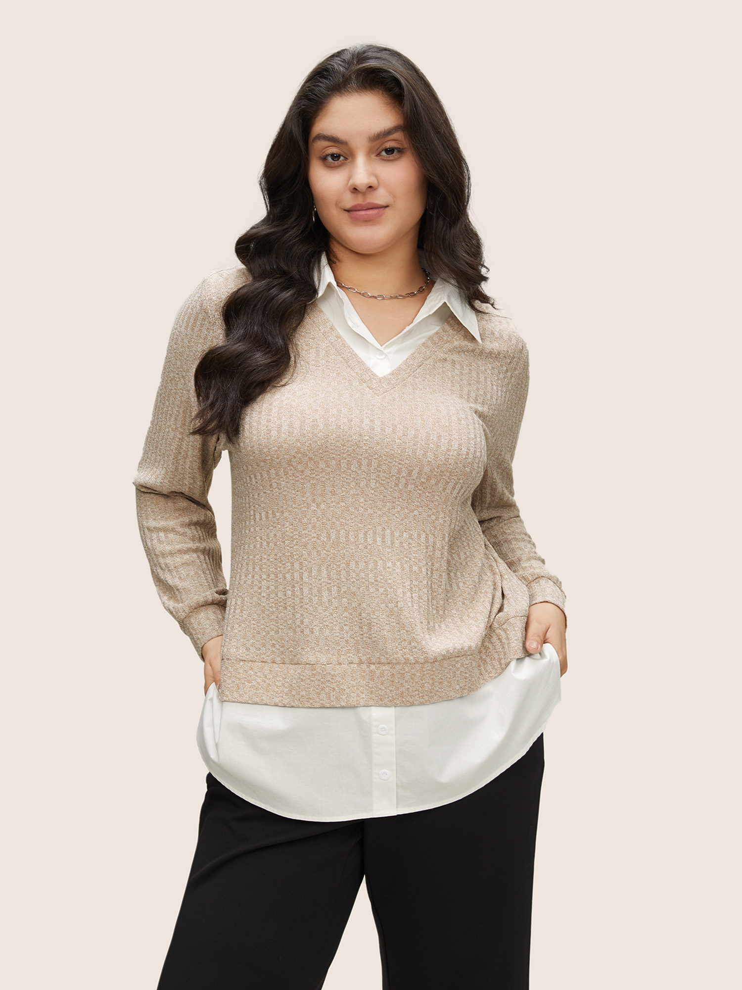 

Plus Size 2-In-1 Patchwork Shirt Collar Sweatshirt Women Tan At the Office Contrast Shirt collar Work Sweatshirts BloomChic