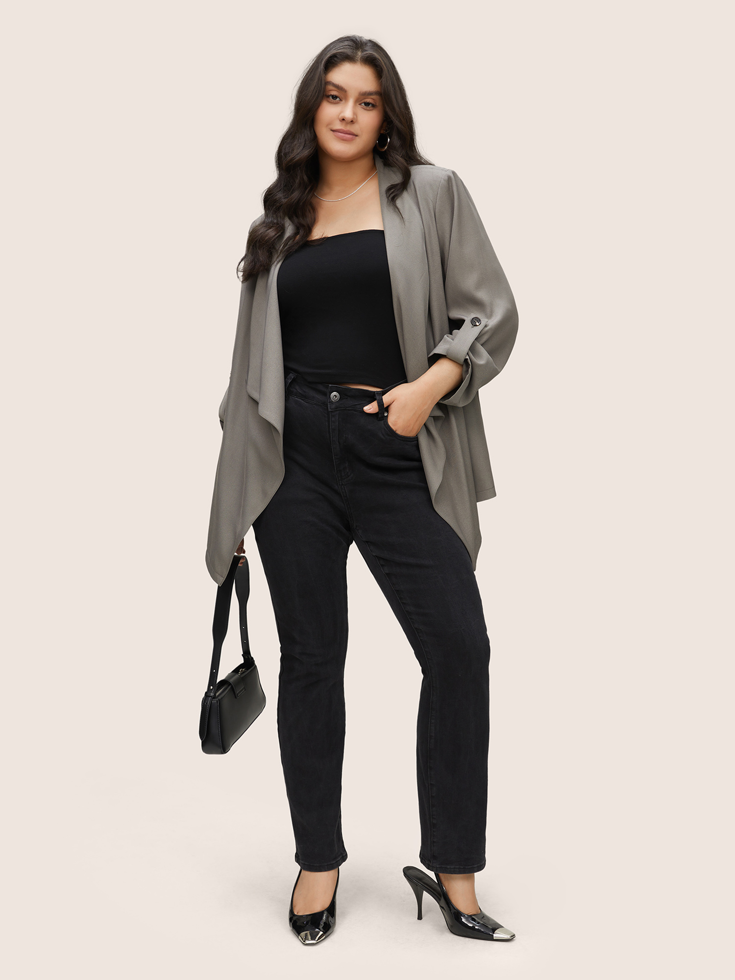 

Plus Size Lapel Collar Tab Sleeve Hanky Hem Blazer Gray Women Everyday Plain Non Sleeve Long Sleeve Lapel Collar  Slanted pocket Casual Blazers BloomChic