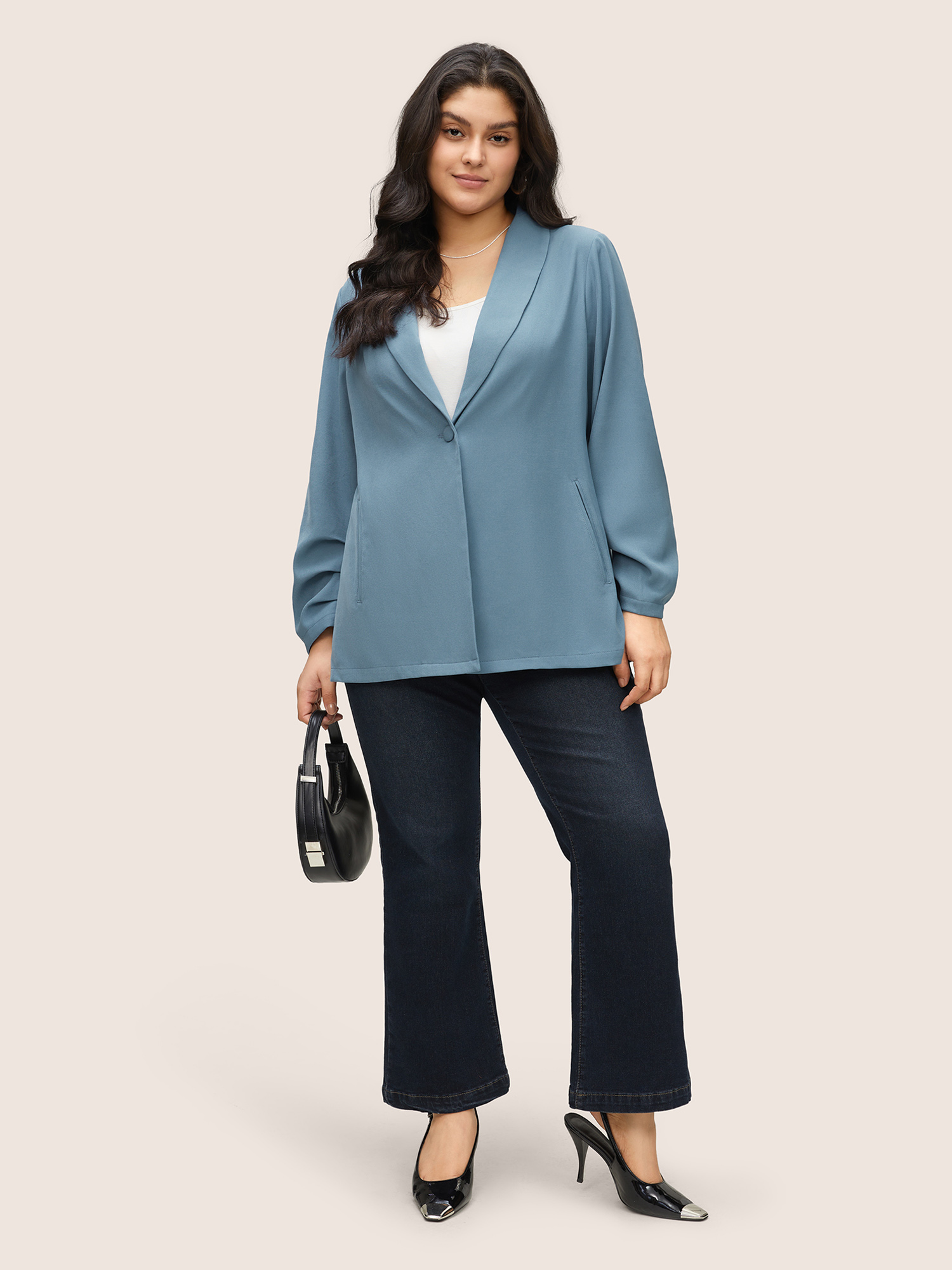 

Plus Size Lapel Collar Pleated Sleeve Button Up Blazer Stone Women Work Plain Non Sleeve Long Sleeve Lapel Collar  Slanted pocket At the Office Blazers BloomChic