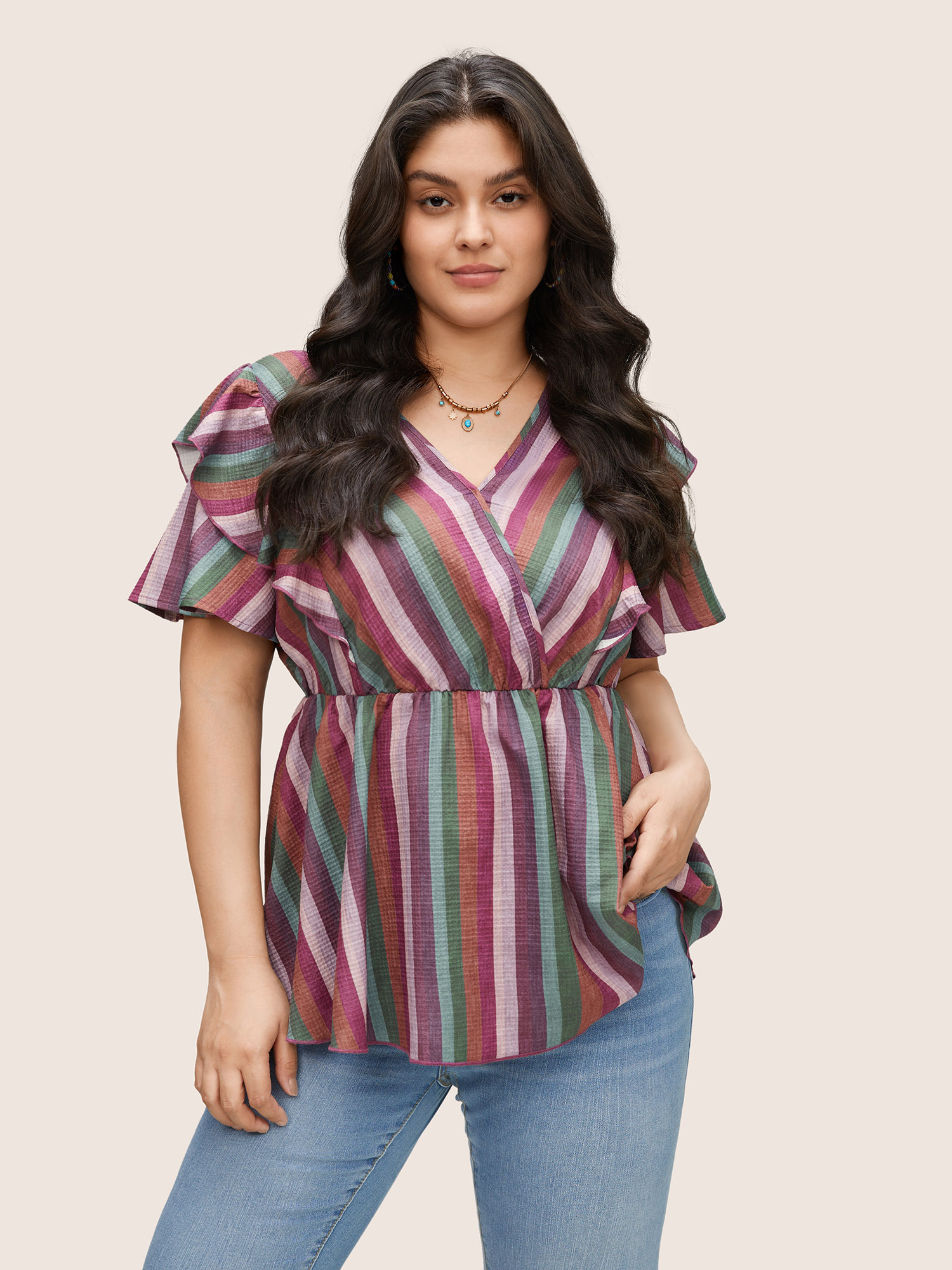 

Plus Size Multicolor Striped Wrap Ruffle Layered Sleeve Blouse Women Resort Short sleeve Overlap Collar Vacation Blouses BloomChic