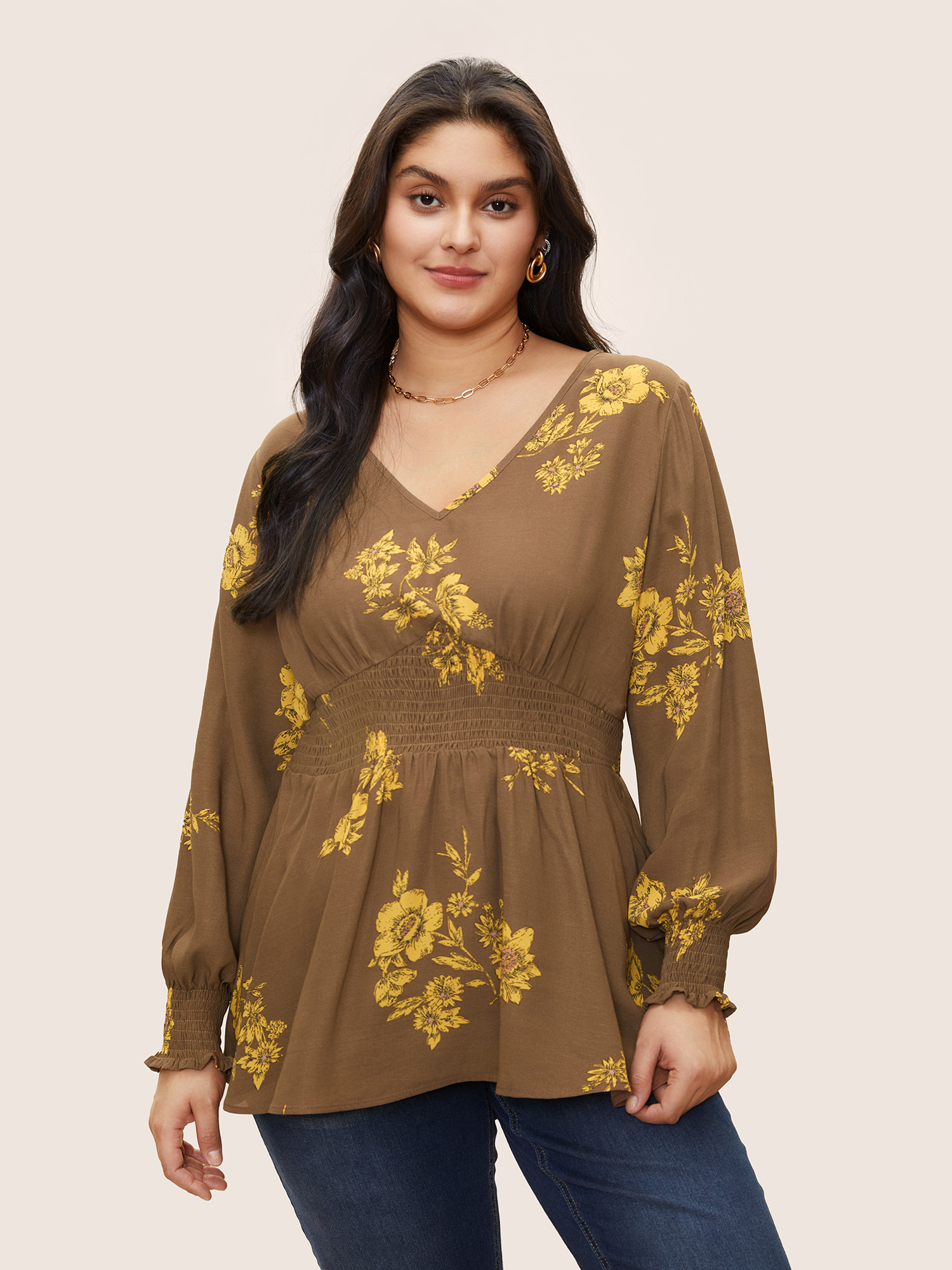 

Plus Size Bronze Shirred Floral Elastic Waist Lantern Sleeve Blouse Women Elegant Long Sleeve V-neck Everyday Blouses BloomChic