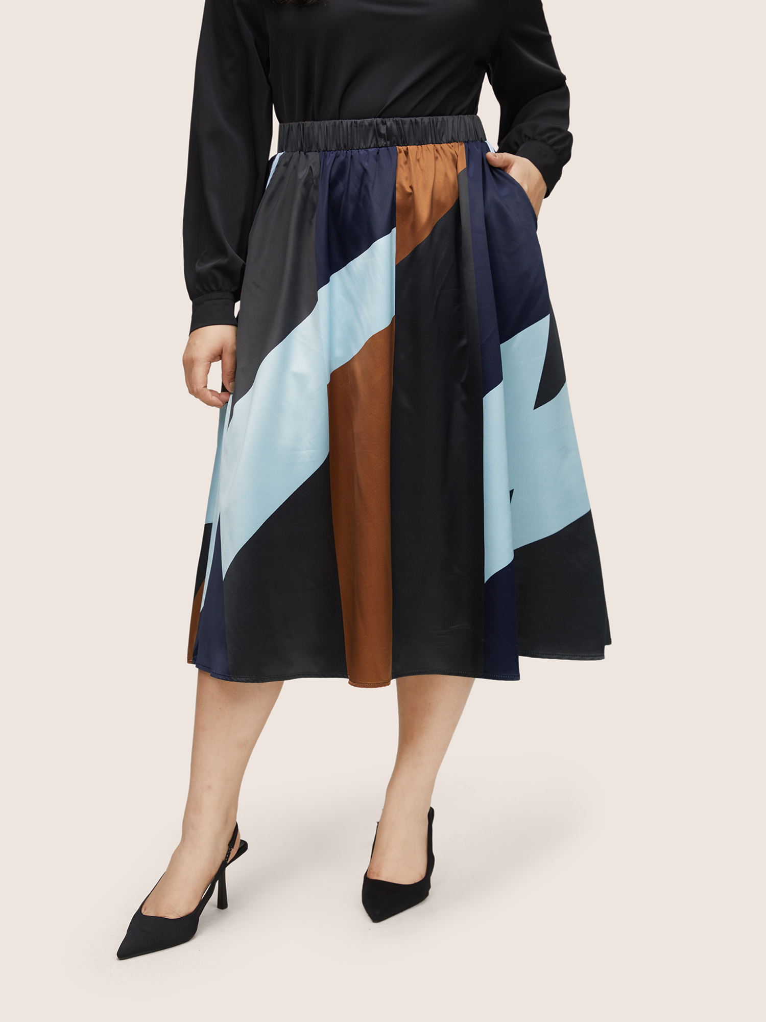 

Plus Size Colorblock Contrast Pocket Cropped Skirt Women Multicolor At the Office Non No stretch Slanted pocket Work Skirts BloomChic