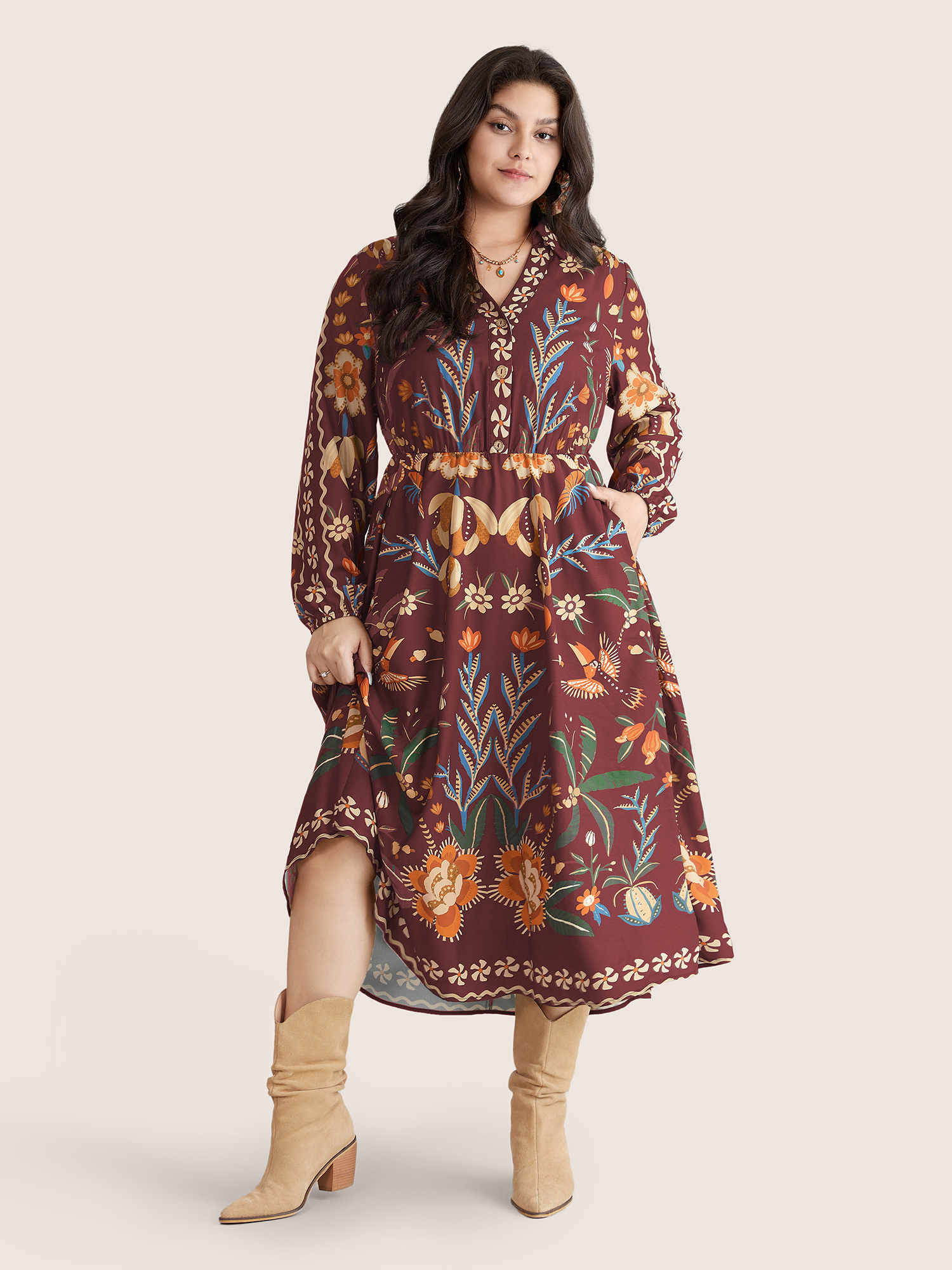 

Plus Size Bandana Print Pocket Lapel Collar Elastic Cuffs Dress Scarlet Women Resort Non V-neck Long Sleeve Curvy Midi Dress BloomChic