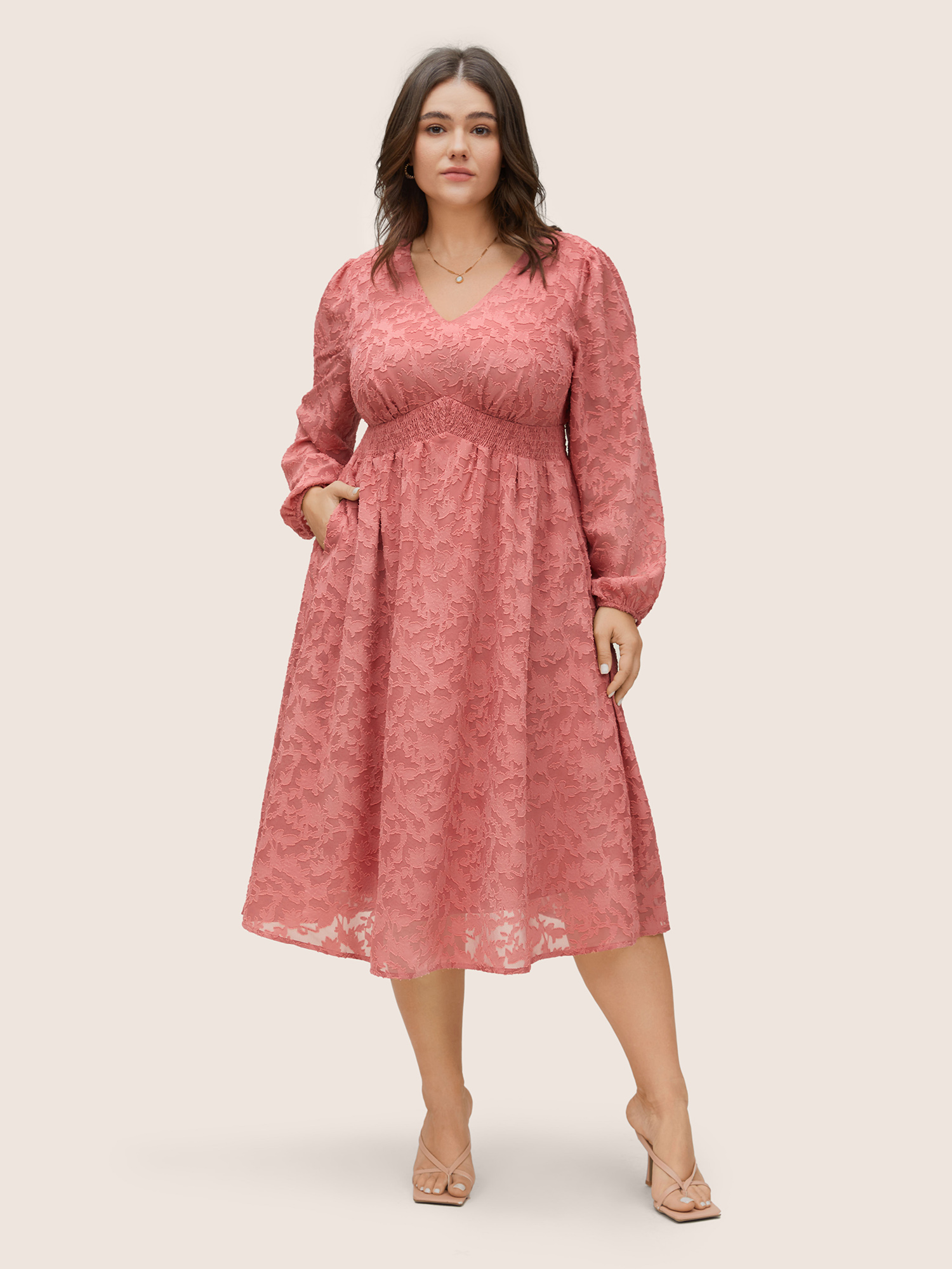 

Plus Size Jacquard Texture Shirred Elastic Waist Dress Watermelon Women Elegant Elastic cuffs V-neck Long Sleeve Curvy Midi Dress BloomChic