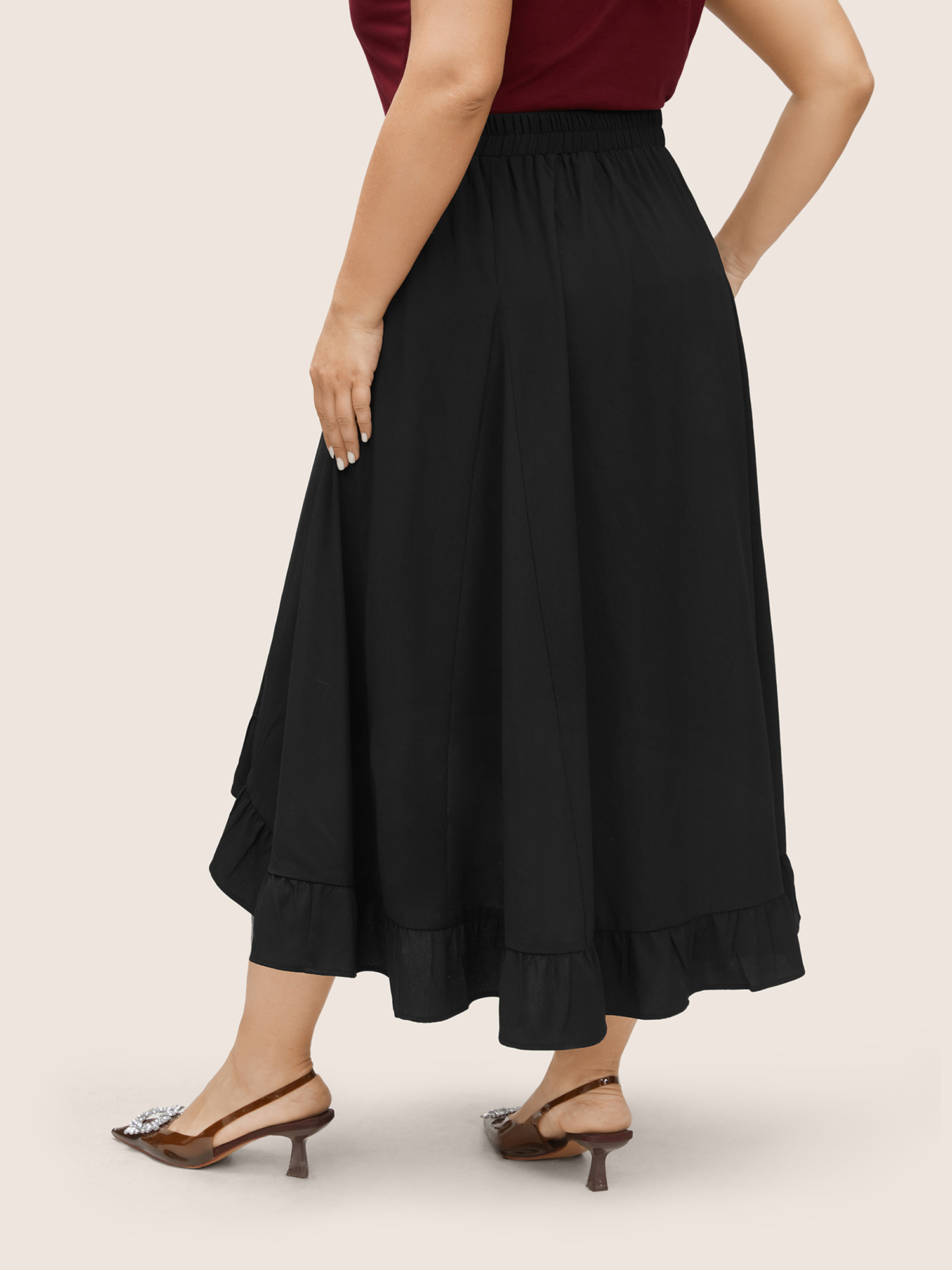 

Plus Size Plain Asymmetrical Flutter Hem Elastic Waist Skirt Women Black At the Office Non No stretch Slanted pocket Work Skirts BloomChic