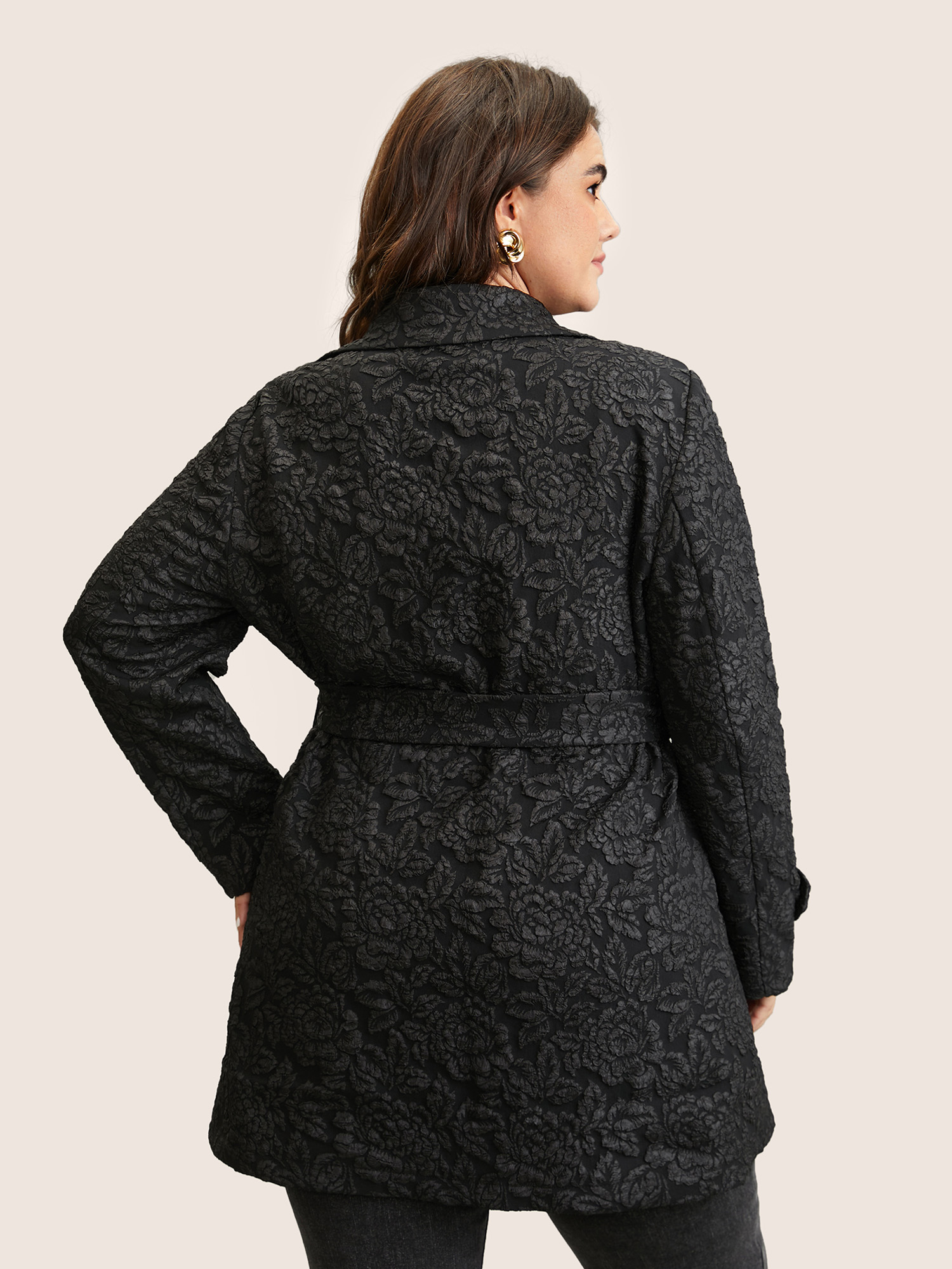 

Plus Size Jacquard Belted Double Breasted Lined Coat Women Black Elegant Texture Ladies Everyday Winter Coats BloomChic