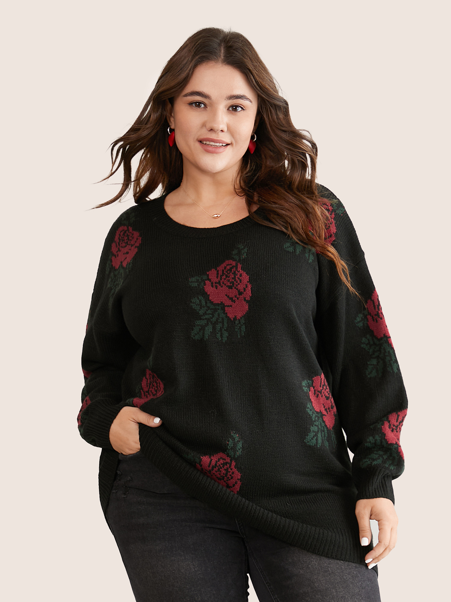 

Plus Size Rose Jacquard Crew Neck Drop Shoulder Pullover Black Women Casual Long Sleeve Round Neck Everyday Pullovers BloomChic