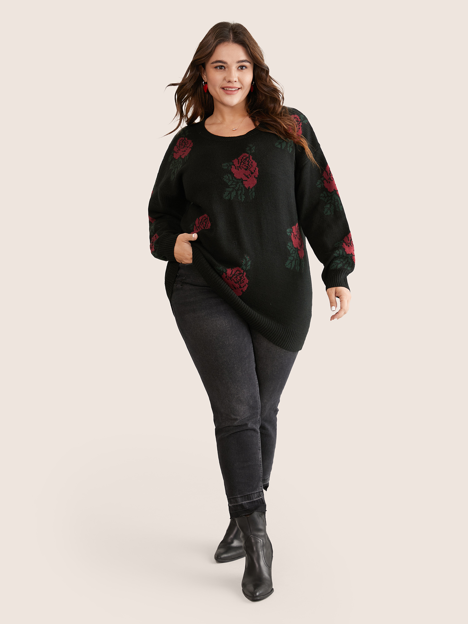 

Plus Size Rose Jacquard Crew Neck Drop Shoulder Pullover Black Women Casual Long Sleeve Round Neck Everyday Pullovers BloomChic