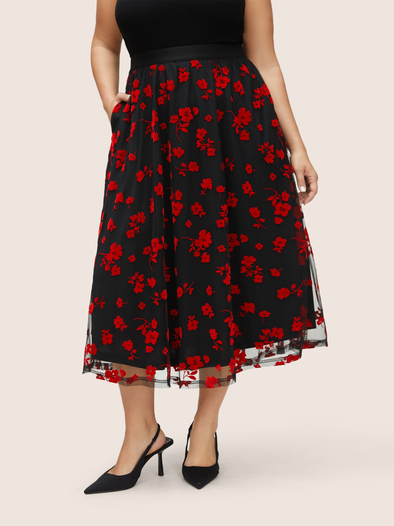 

Plus Size Flocking Floral Elastic Waist Midi Skirt Women Black Elegant Lined No stretch Pocket Dailywear Skirts BloomChic