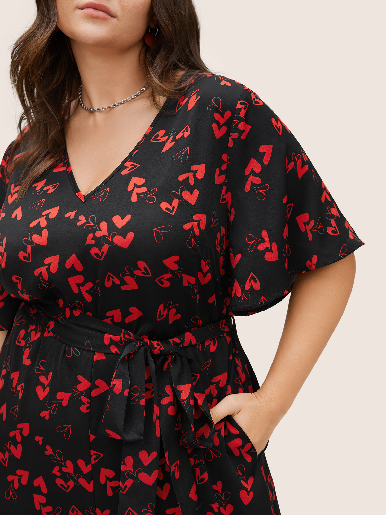 Plus Size Women Everyday Heart Print Belted Regular Pocket Belt Elegant Jumpsuits BloomChic 