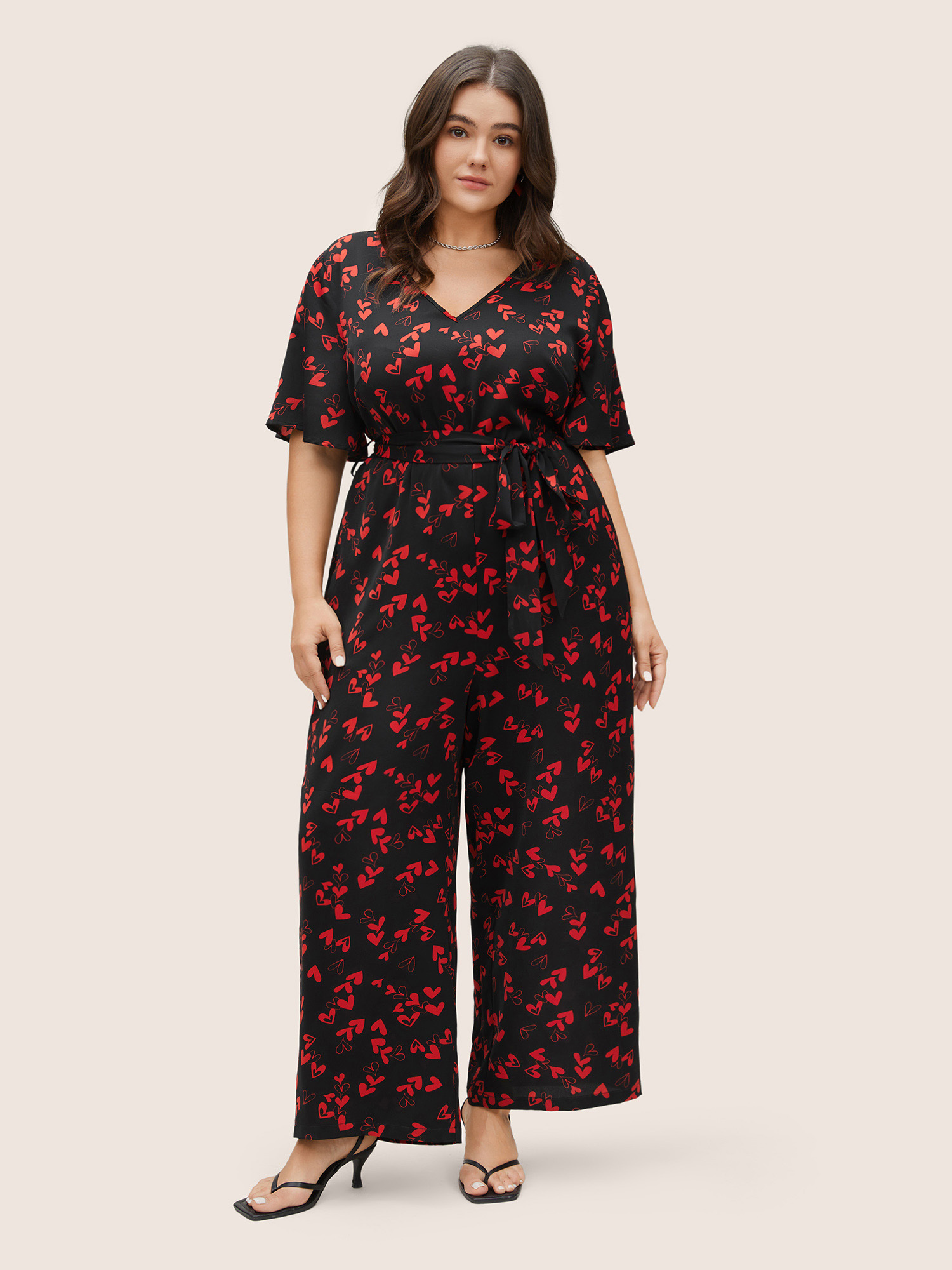 Plus Size Women Everyday Heart Print Belted Regular Pocket Belt Elegant Jumpsuits BloomChic 