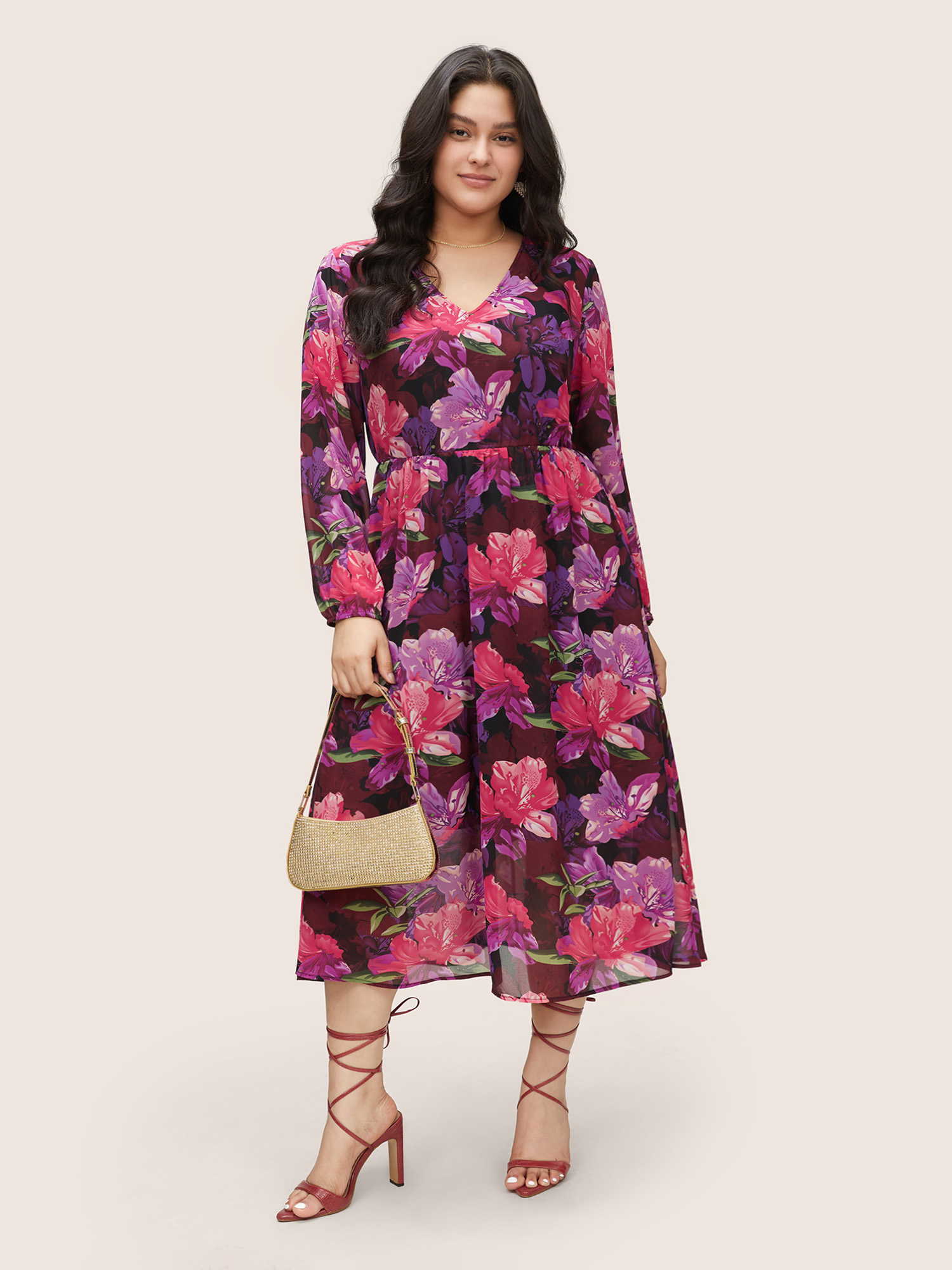 

Plus Size Floral Lantern Sleeve Mesh Elastic Waist Dress RedViolet Women Elegant Non V-neck Long Sleeve Curvy Midi Dress BloomChic