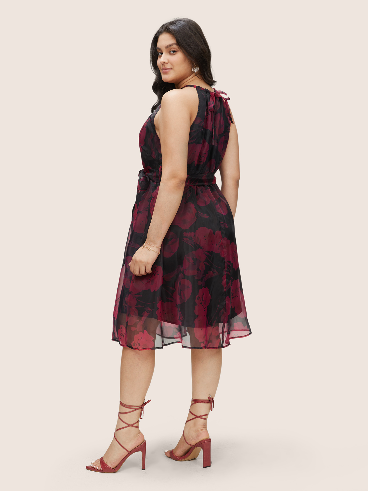 Plus Size Halter Pixel Flower Mesh Gathered Belted Dress Black Women Elegant Lined Halter neck Sleeveless Curvy Midi Dress BloomChic 22-24/3X 