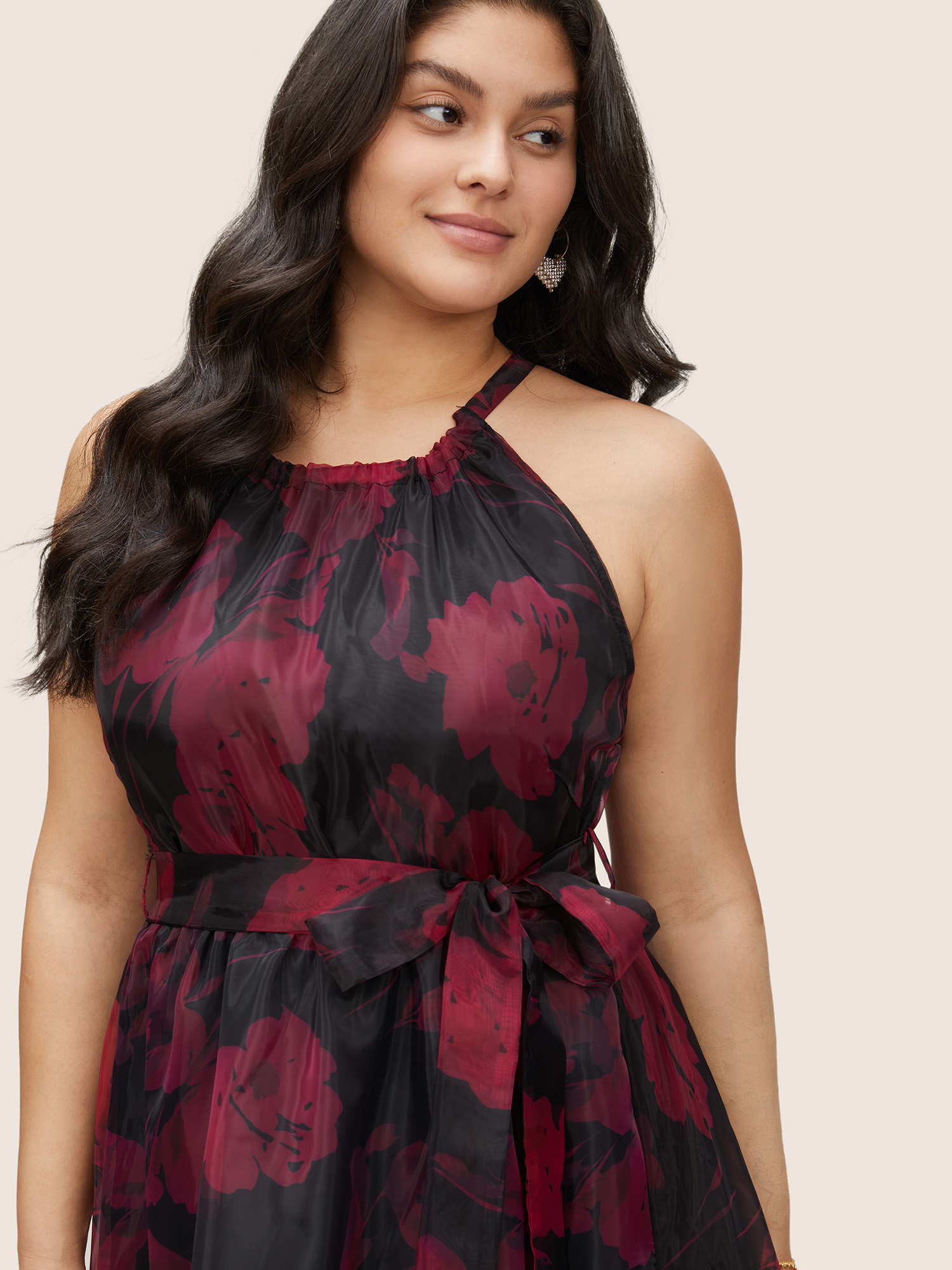 Plus Size Halter Pixel Flower Mesh Gathered Belted Dress Black Women Elegant Lined Halter neck Sleeveless Curvy Midi Dress BloomChic 22-24/3X 
