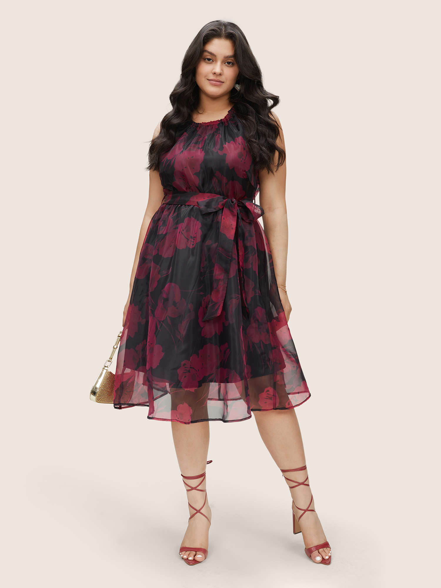 Plus Size Halter Pixel Flower Mesh Gathered Belted Dress Black Women Elegant Lined Halter neck Sleeveless Curvy Midi Dress BloomChic 22-24/3X 