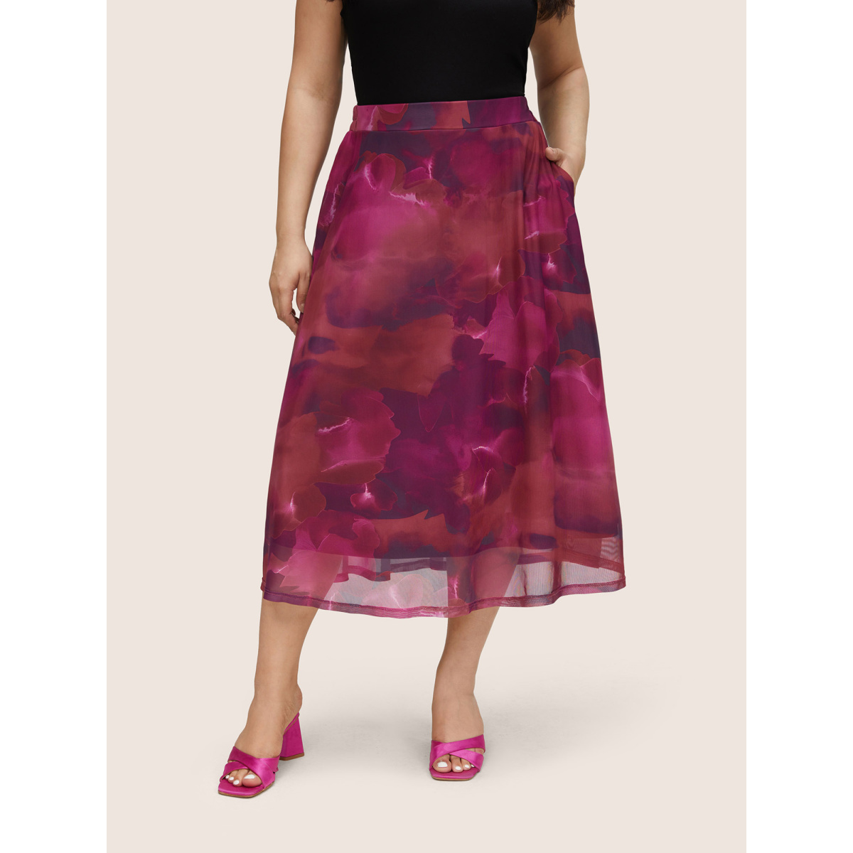 

Plus Size Pixel Flower Elastic Waist Patchwork Mesh Skirt Women RedViolet Elegant Non Low stretch Slanted pocket Everyday Skirts BloomChic