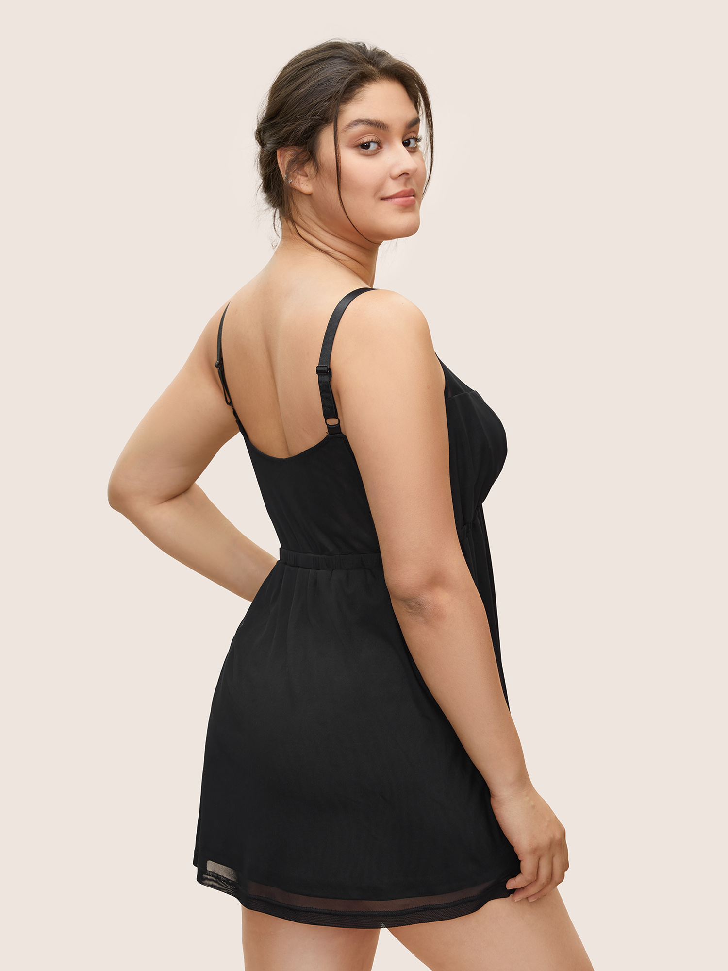 

Plus Size Crisscross Ring Mesh Patchwork Sleep Dress Black Sleeveless Spaghetti Strap Lounge Everyday  Bloomchic