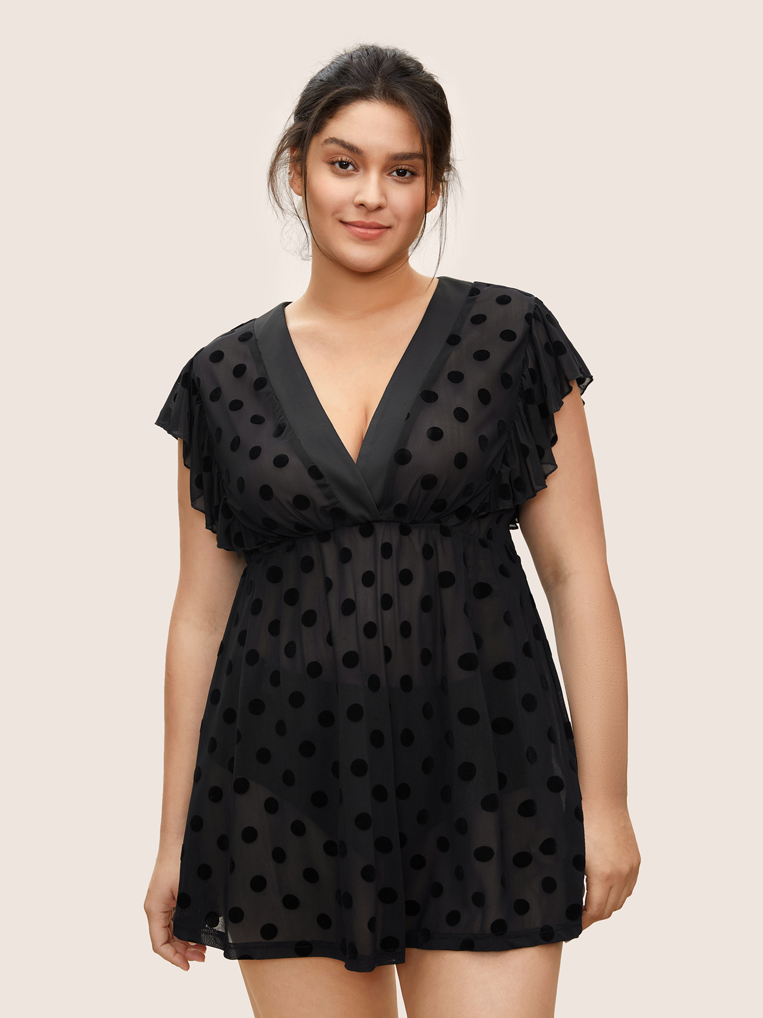 

Plus Size Polka Dot Mesh Ruffle Cap Sleeve Sleep Dress Black Cap Sleeve Deep V-neck Lounge Everyday  Bloomchic