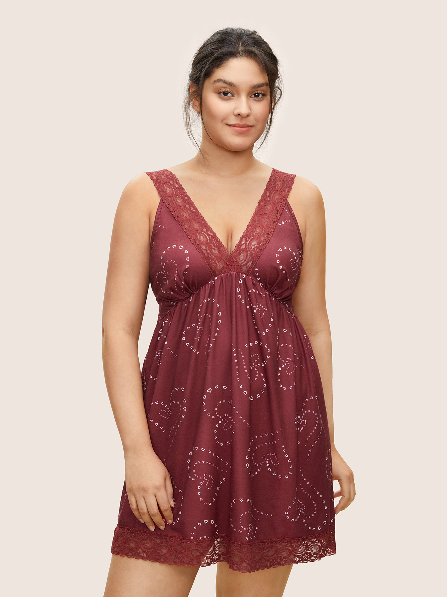 

Plus Size Heart Print Lace Panel Deep V Neck Sleep Dress Red Sleeveless Deep V-neck Lounge Everyday  Bloomchic