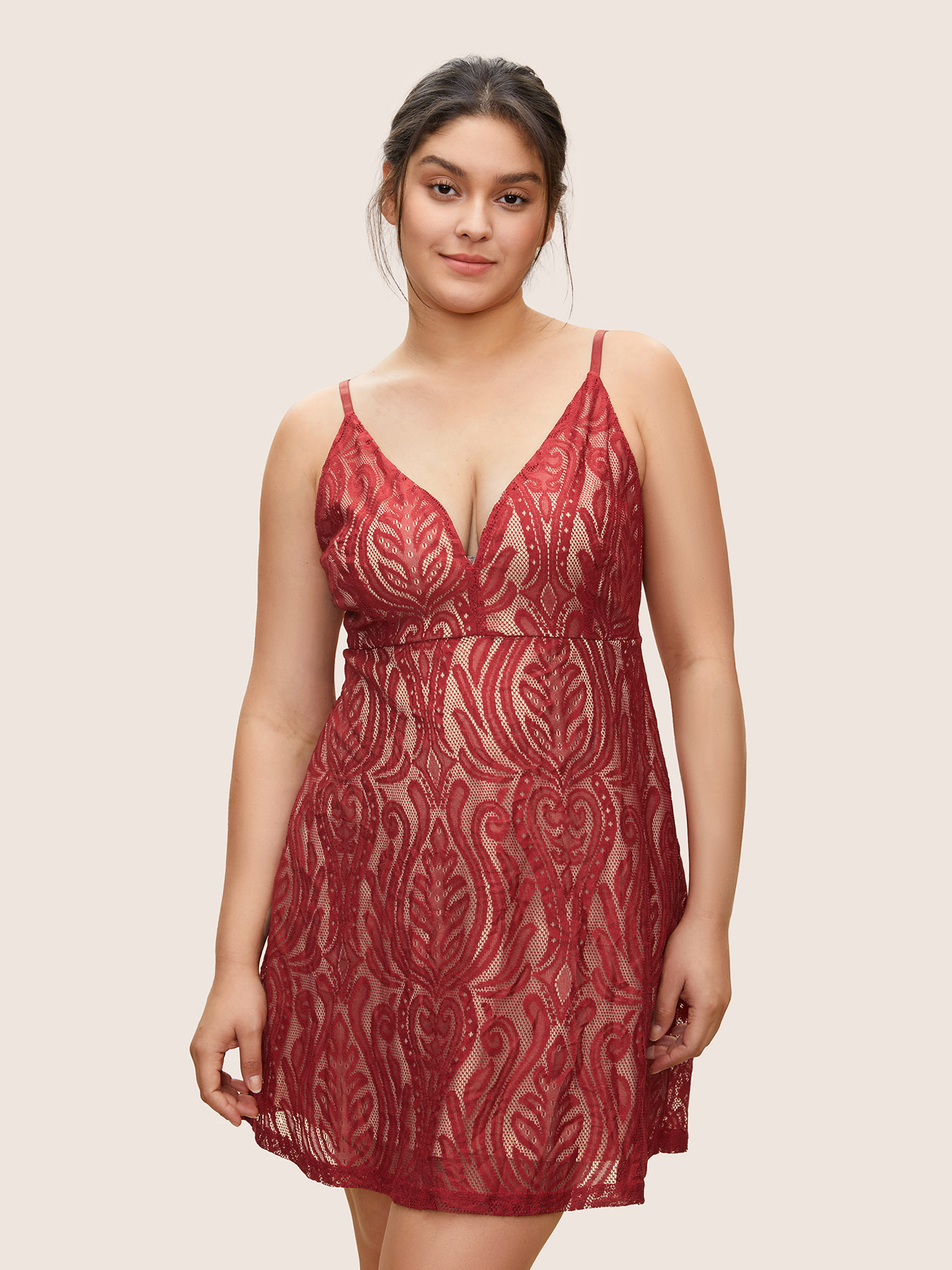 

Plus Size Boho Print Contrast Mesh Cami Sleep Dress Scarlet Sleeveless Deep V-neck Lounge Everyday  Bloomchic