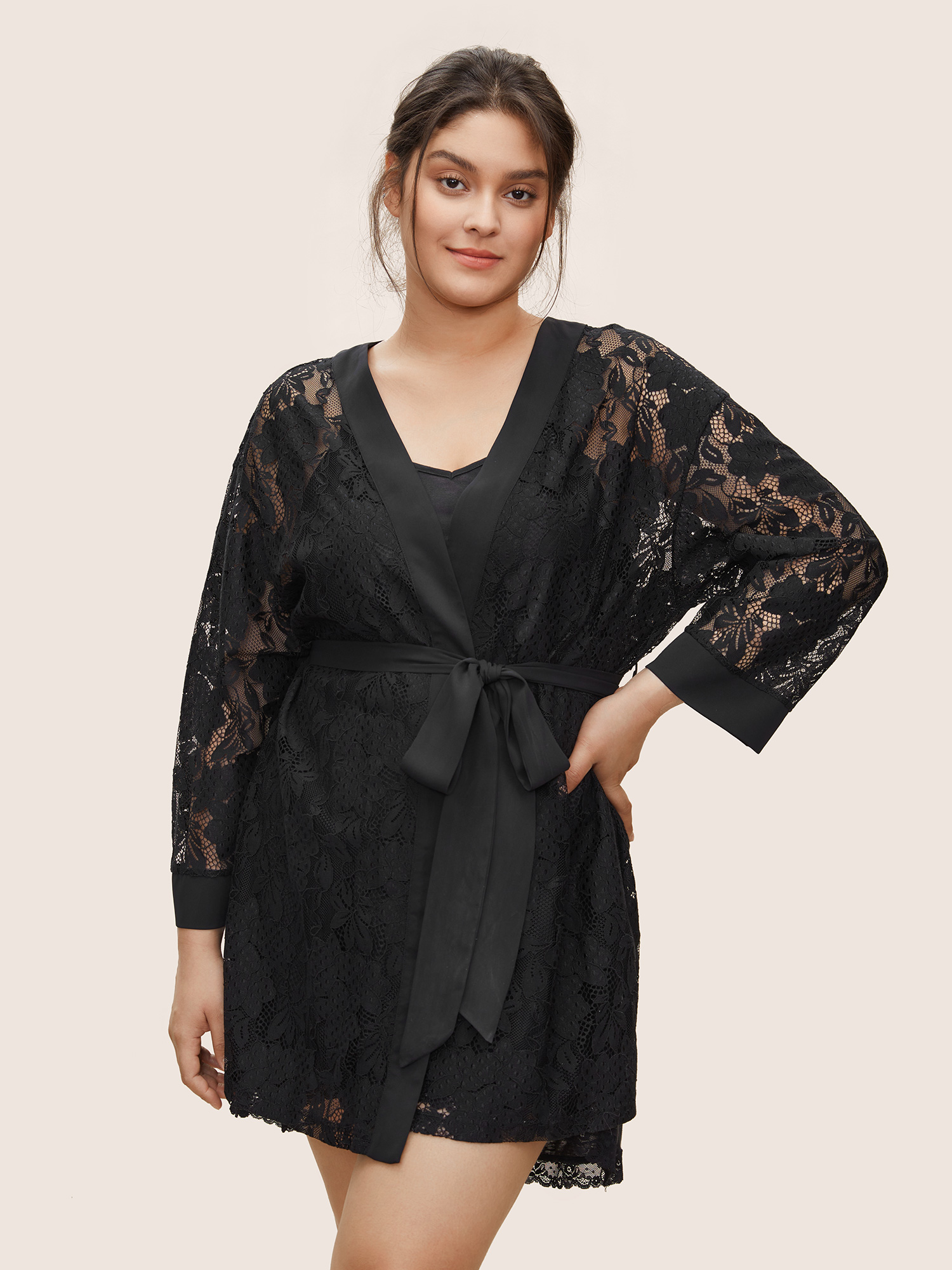

Plus Size Silhouette Floral Print Lace Panel Belted Robe Black Silhouette Floral Print Non Everyday Lounge Robes/Robes Sets  Bloomchic