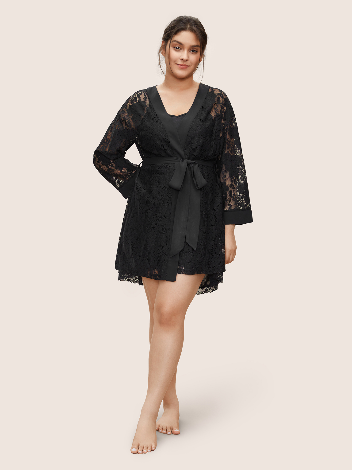 

Plus Size Silhouette Floral Print Lace Panel Belted Robe Black Silhouette Floral Print Non Everyday Lounge Robes/Robes Sets  Bloomchic