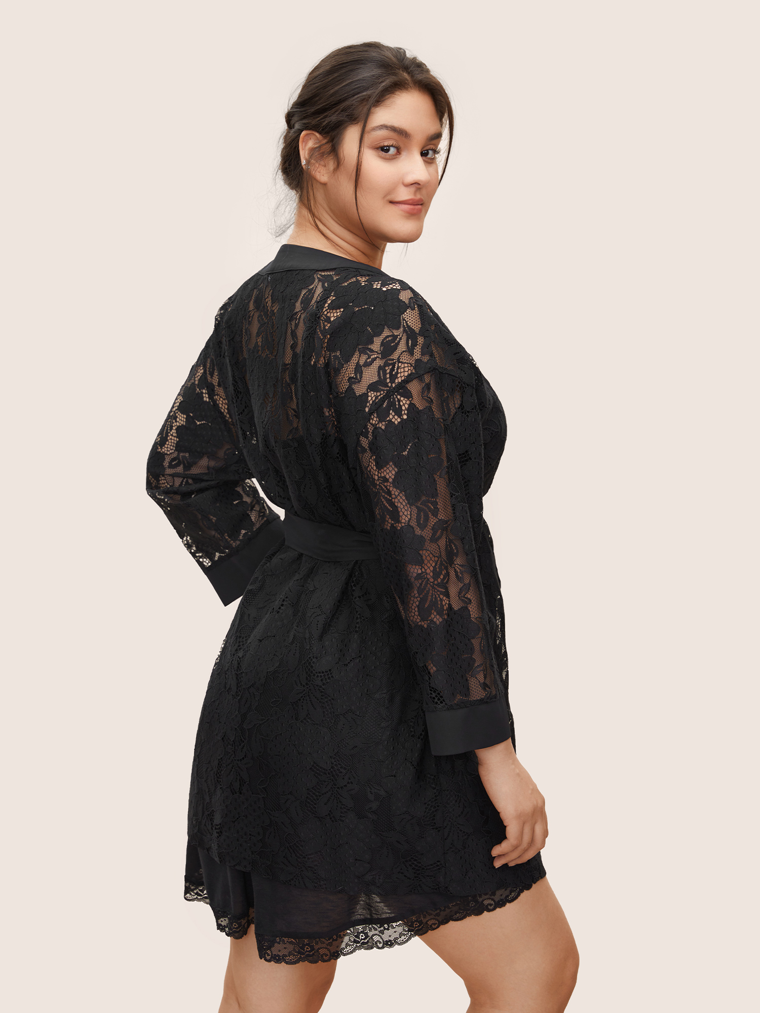 

Plus Size Silhouette Floral Print Lace Panel Belted Robe Black Silhouette Floral Print Non Everyday Lounge Robes/Robes Sets  Bloomchic