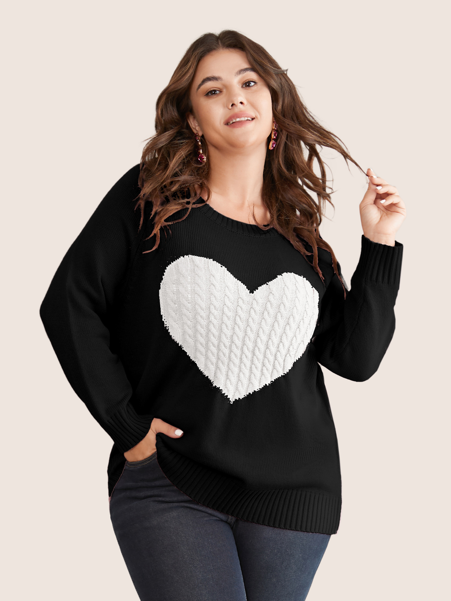 

Plus Size Heart Cable Knit Two Tone Raglan Sleeve Pullover Black Women Casual Long Sleeve Round Neck Everyday Pullovers BloomChic