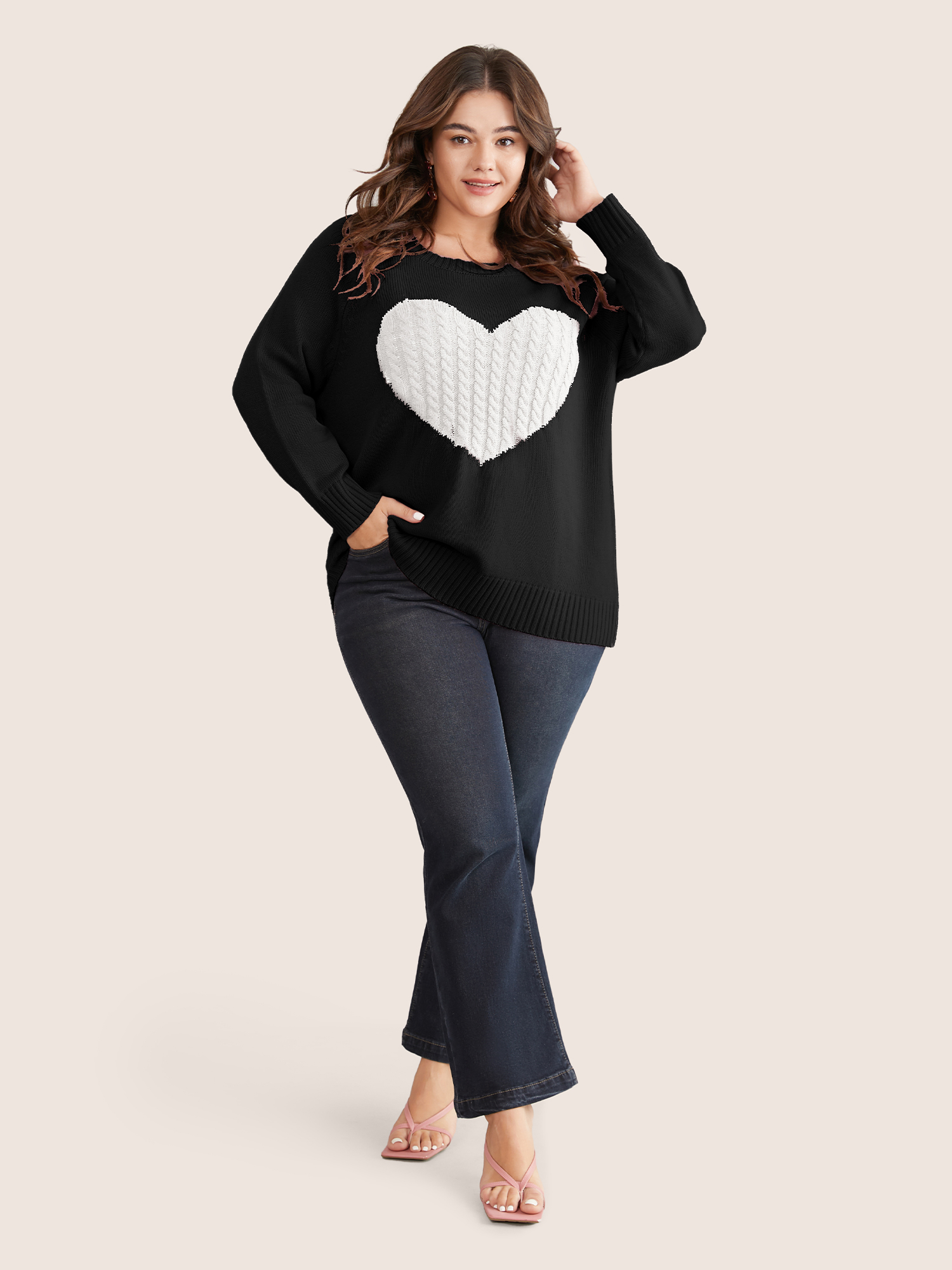 Side view of BloomChic Women's Plus Size Heart Cable Knit Two Tone Raglan Sleeve Pullover Black 26/4X