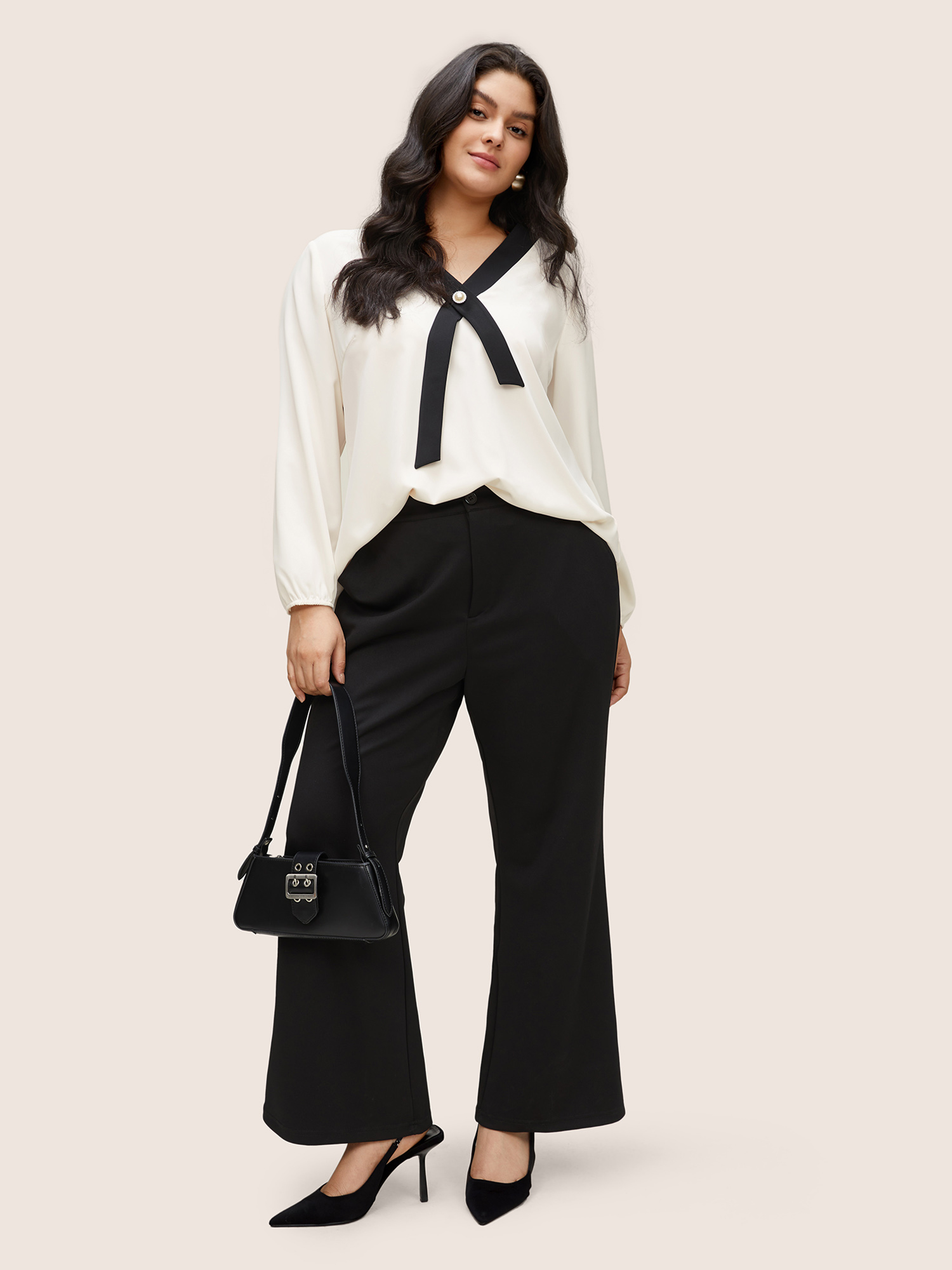 Plus Size Ivory Contrast Pearl Decor Tie Decoration Blouse Women At the Office Long Sleeve V-neck Work Blouses BloomChic 10/M 