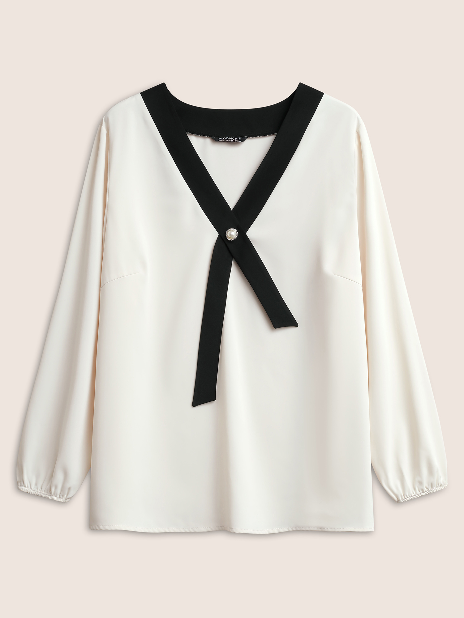 Plus Size Ivory Contrast Pearl Decor Tie Decoration Blouse Women At the Office Long Sleeve V-neck Work Blouses BloomChic 10/M 