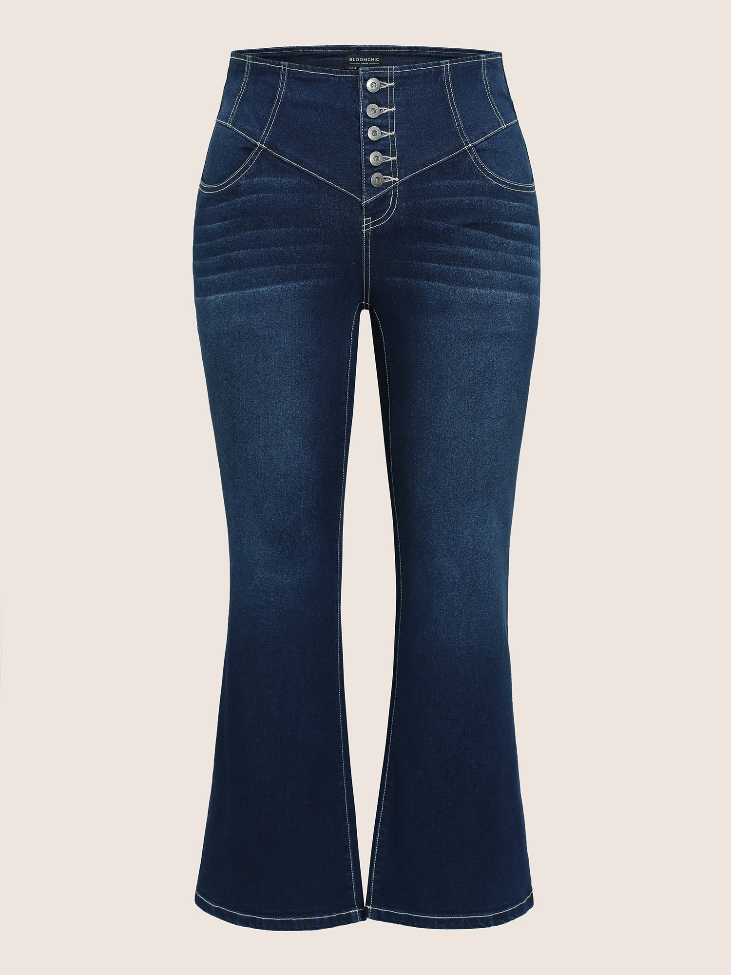 

Plus Size Dark Wash Button Fly Seam Detail Flare Leg Jeans Women DarkBlue Casual Plain Non High stretch Slanted pocket Jeans BloomChic