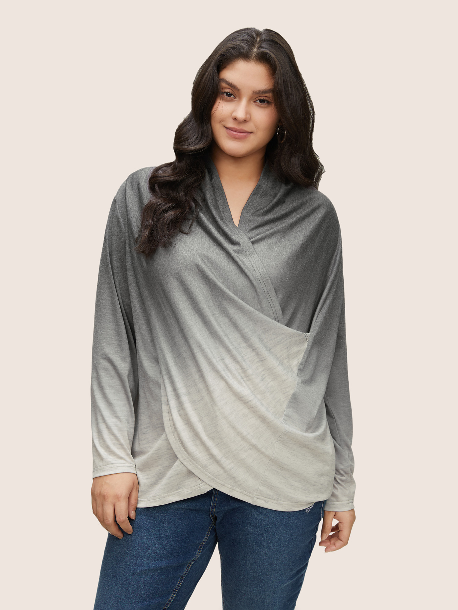 

Ombre Crossover Surplice Neck T-shirt, Gray