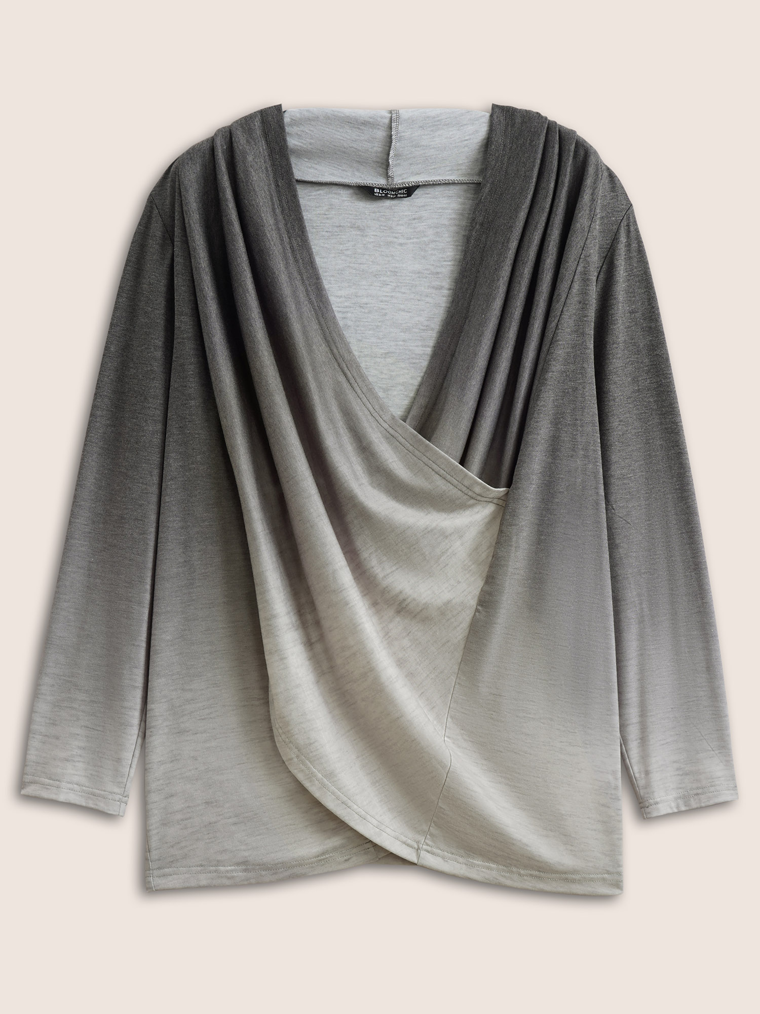 

Plus Size Ombre Crossover Surplice Neck T-shirt Gray Overlap Collar Long Sleeve Casual Jersey Tops