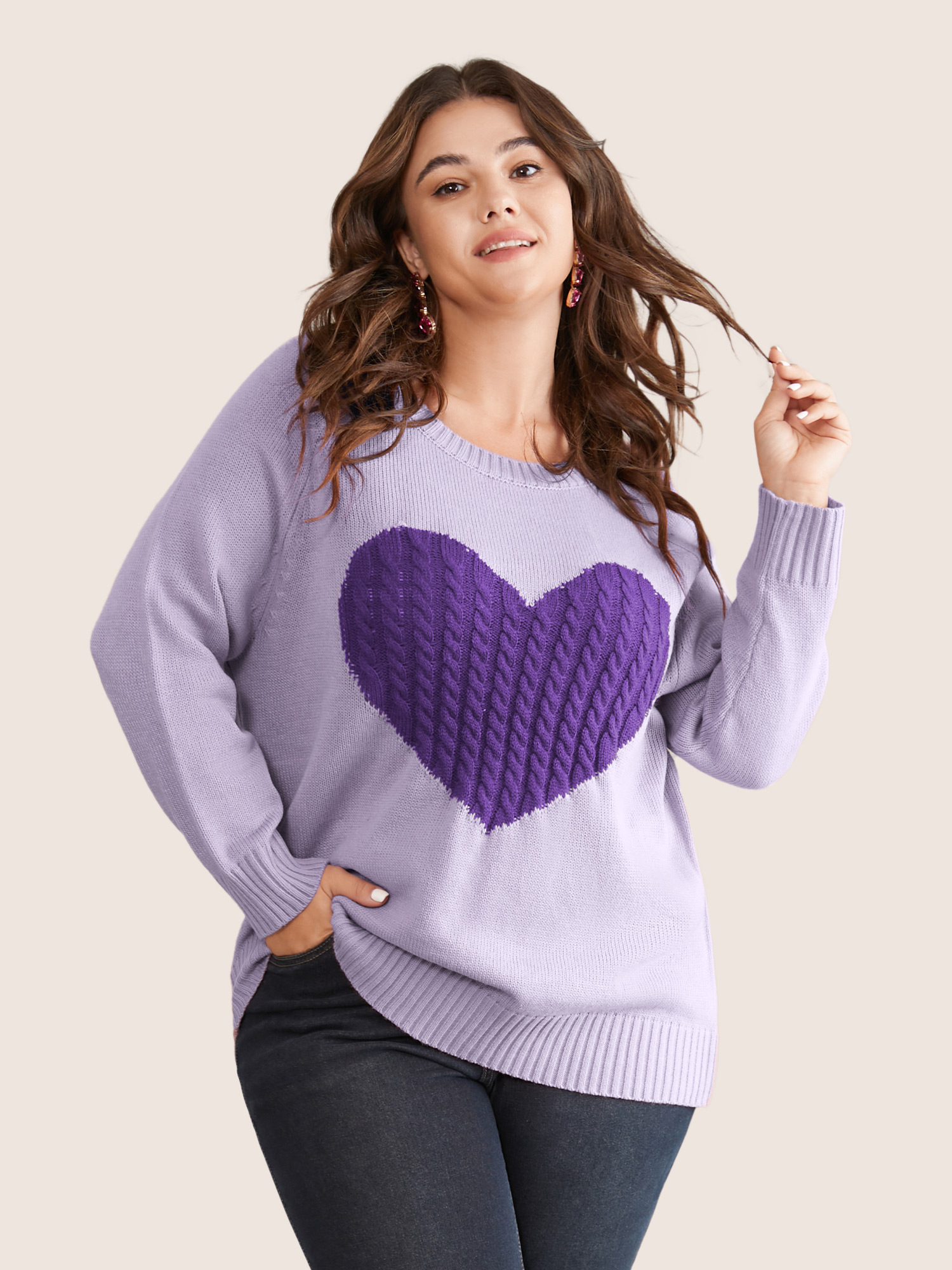 

Plus Size Heart Cable Knit Two Tone Raglan Sleeve Pullover Lilac Women Casual Long Sleeve Round Neck Everyday Pullovers BloomChic