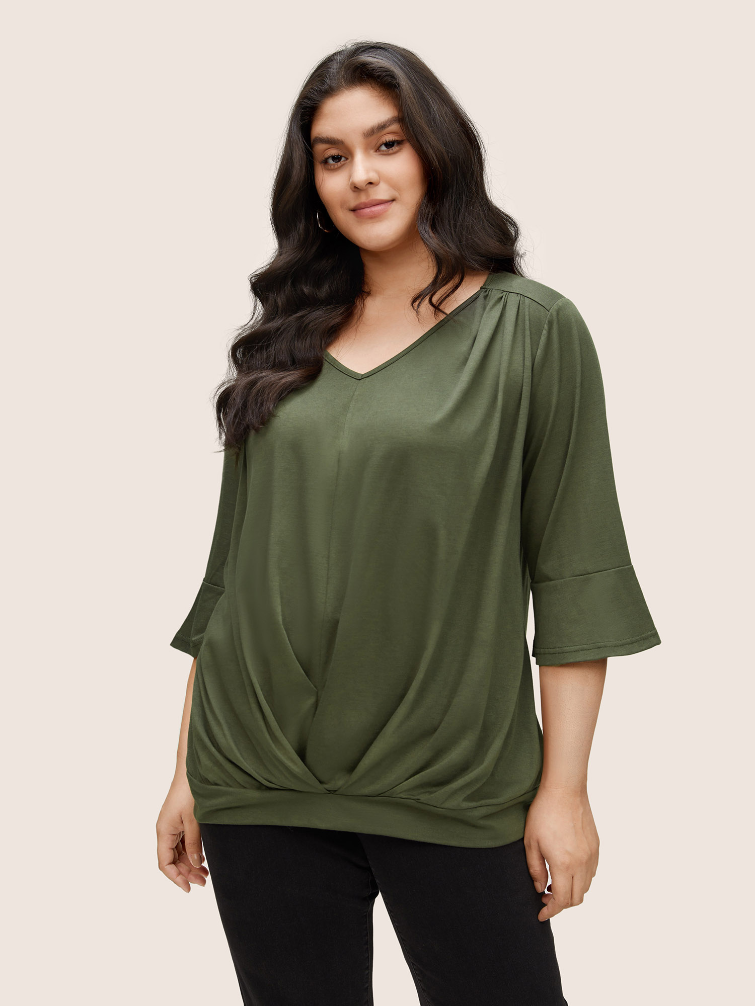 

Solid Pleated V Neck Bell Sleeve T-shirt, Armygreen