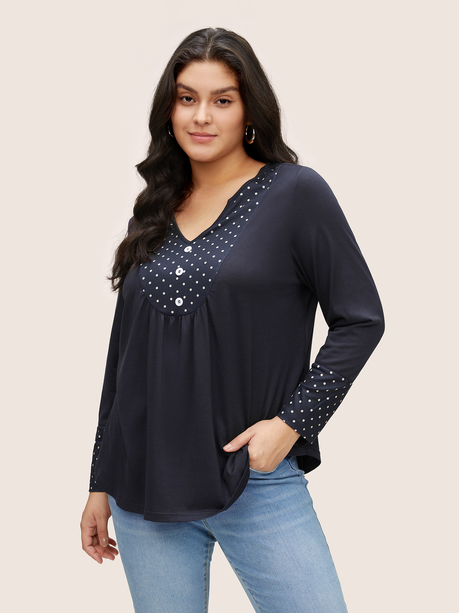 

Plus Size Polka Dot Patchwork Notched Button Detail T-shirt Indigo Women Casual Contrast Polka Dot Notched collar Everyday T-shirts BloomChic