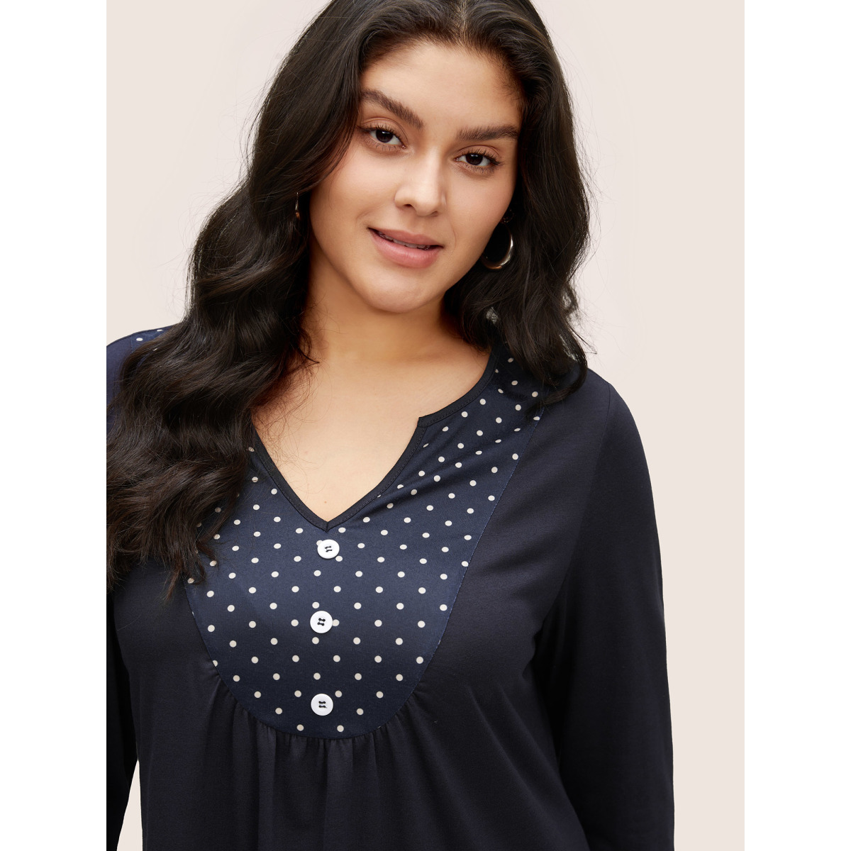 

Plus Size Polka Dot Patchwork Notched Button Detail T-shirt Indigo Women Casual Contrast Polka Dot Notched collar Everyday T-shirts BloomChic