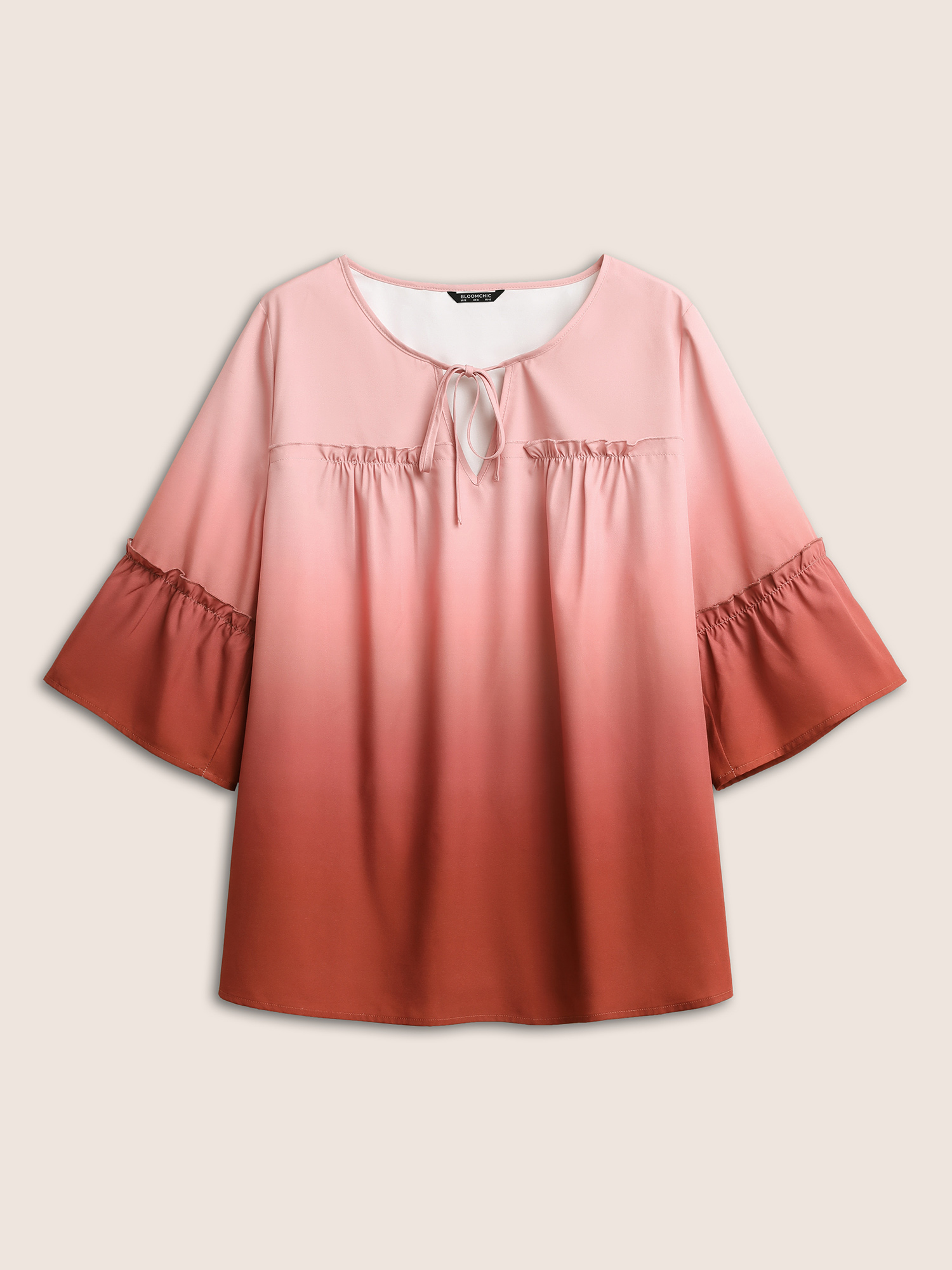 

Plus Size Scarlet Ombre Tie Neck Gathered Ruffle Sleeve Blouse Women Resort Elbow-length sleeve Notched collar Vacation Blouses BloomChic