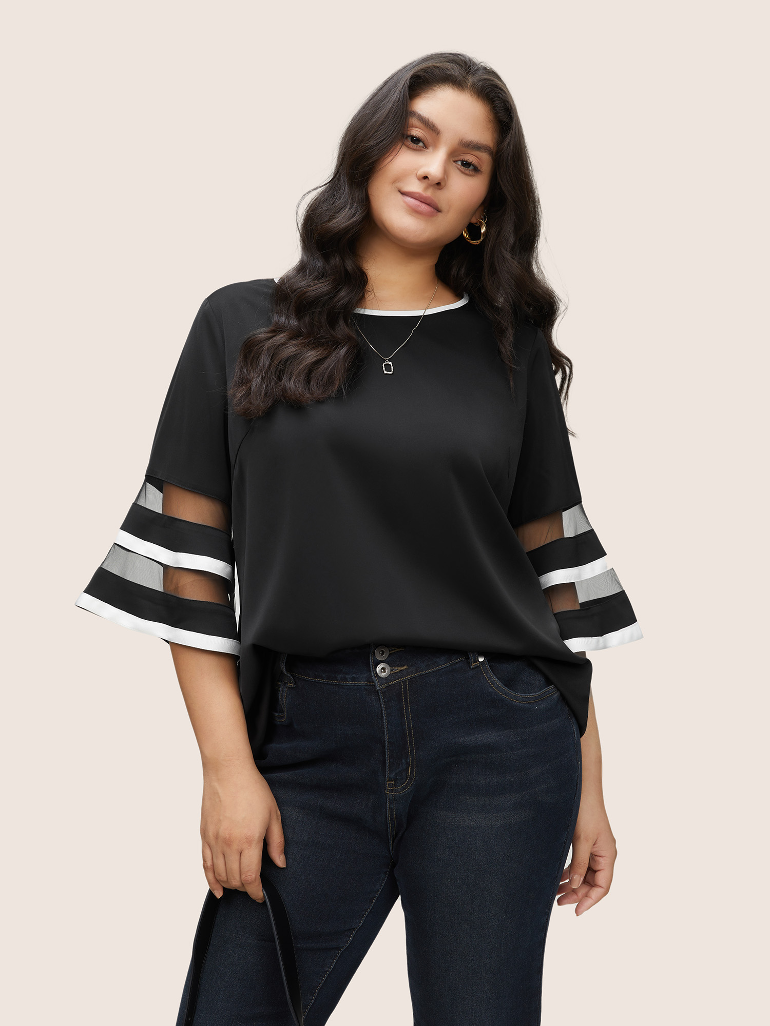 Plus Size Women Work Plain See through Bell Sleeve Elbow-length sleeve Round Neck At the Office Blouses BloomChic 