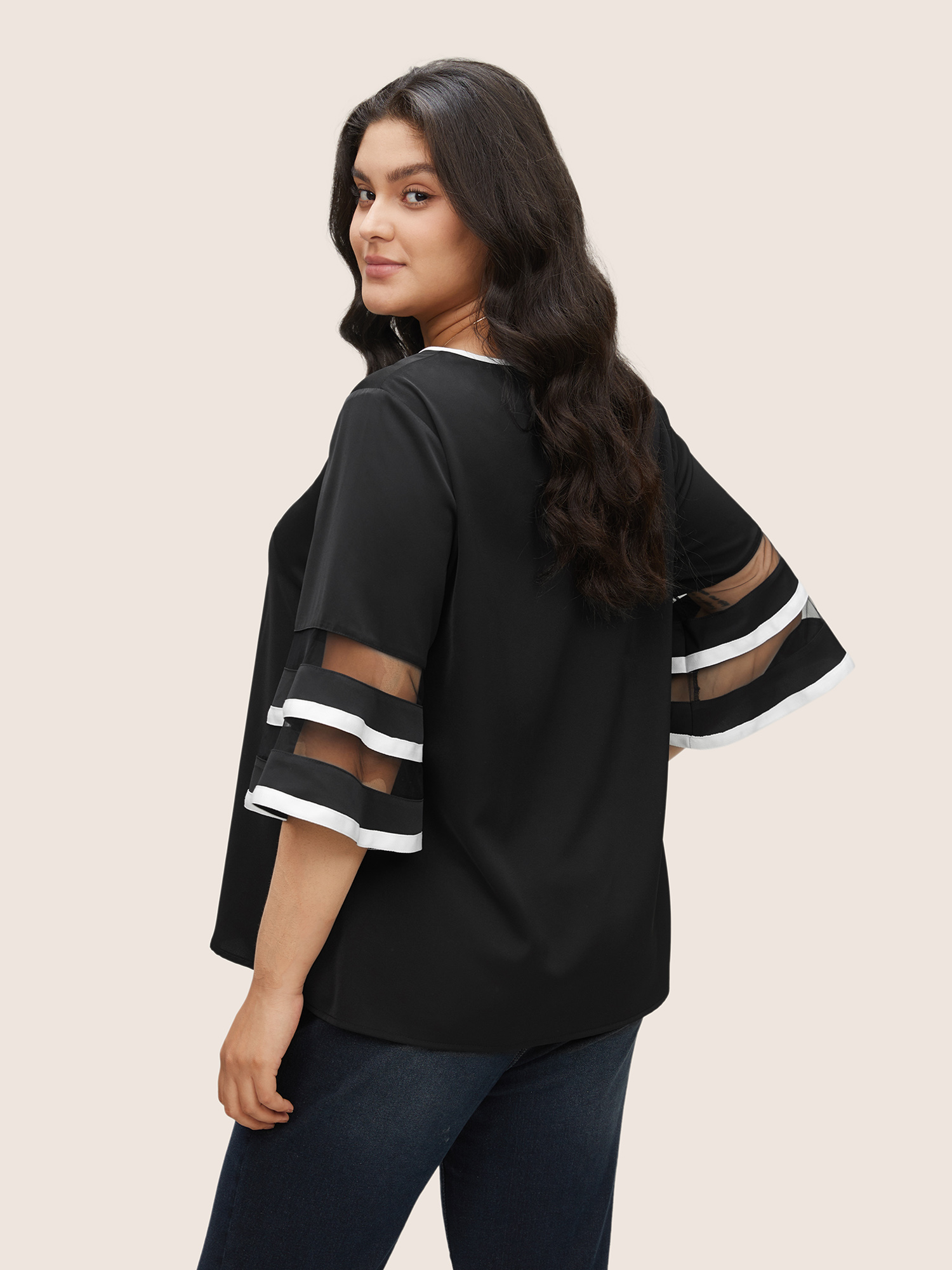 Plus Size Women Work Plain See through Bell Sleeve Elbow-length sleeve Round Neck At the Office Blouses BloomChic 
