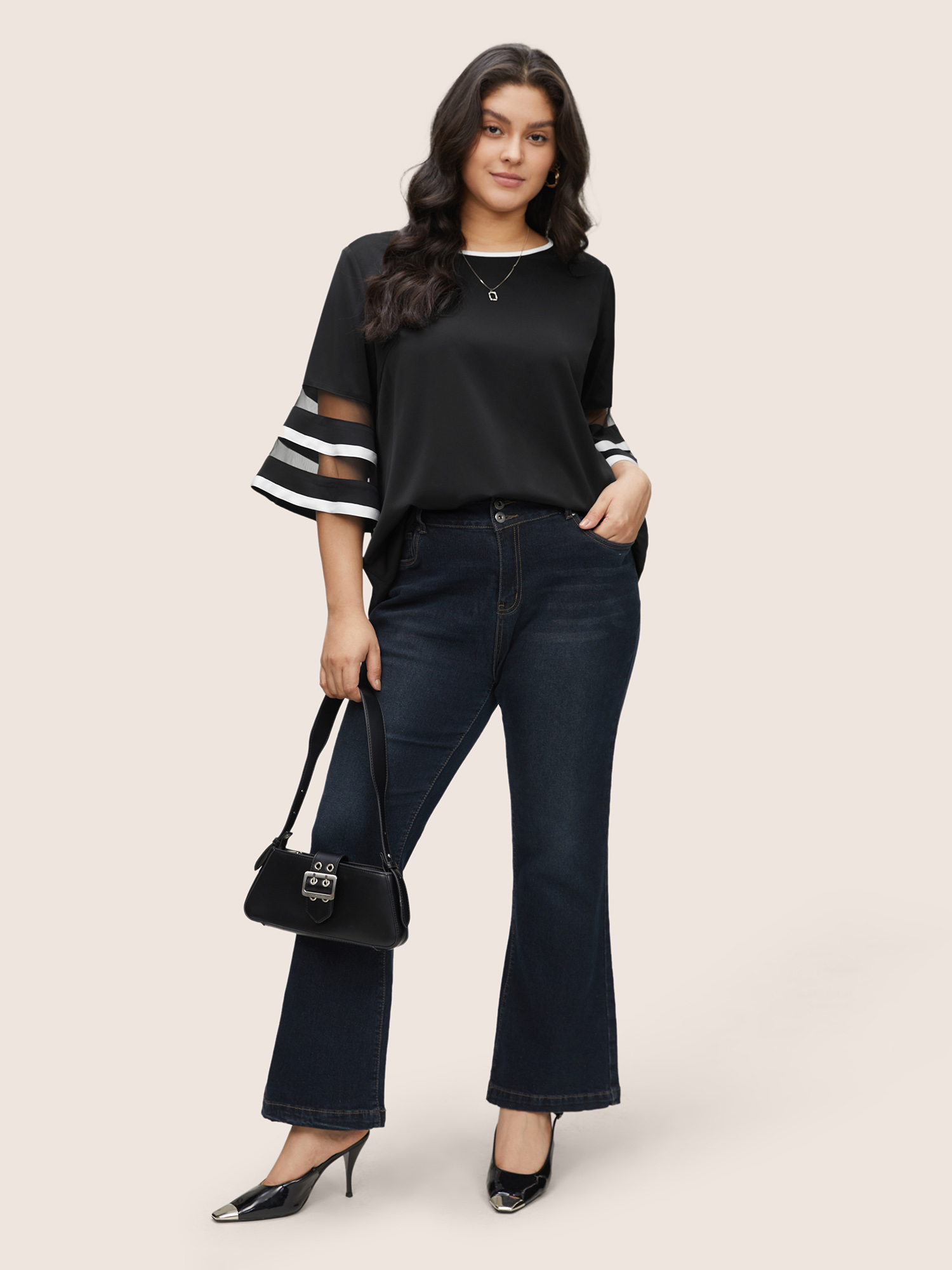Plus Size Women Work Plain See through Bell Sleeve Elbow-length sleeve Round Neck At the Office Blouses BloomChic 