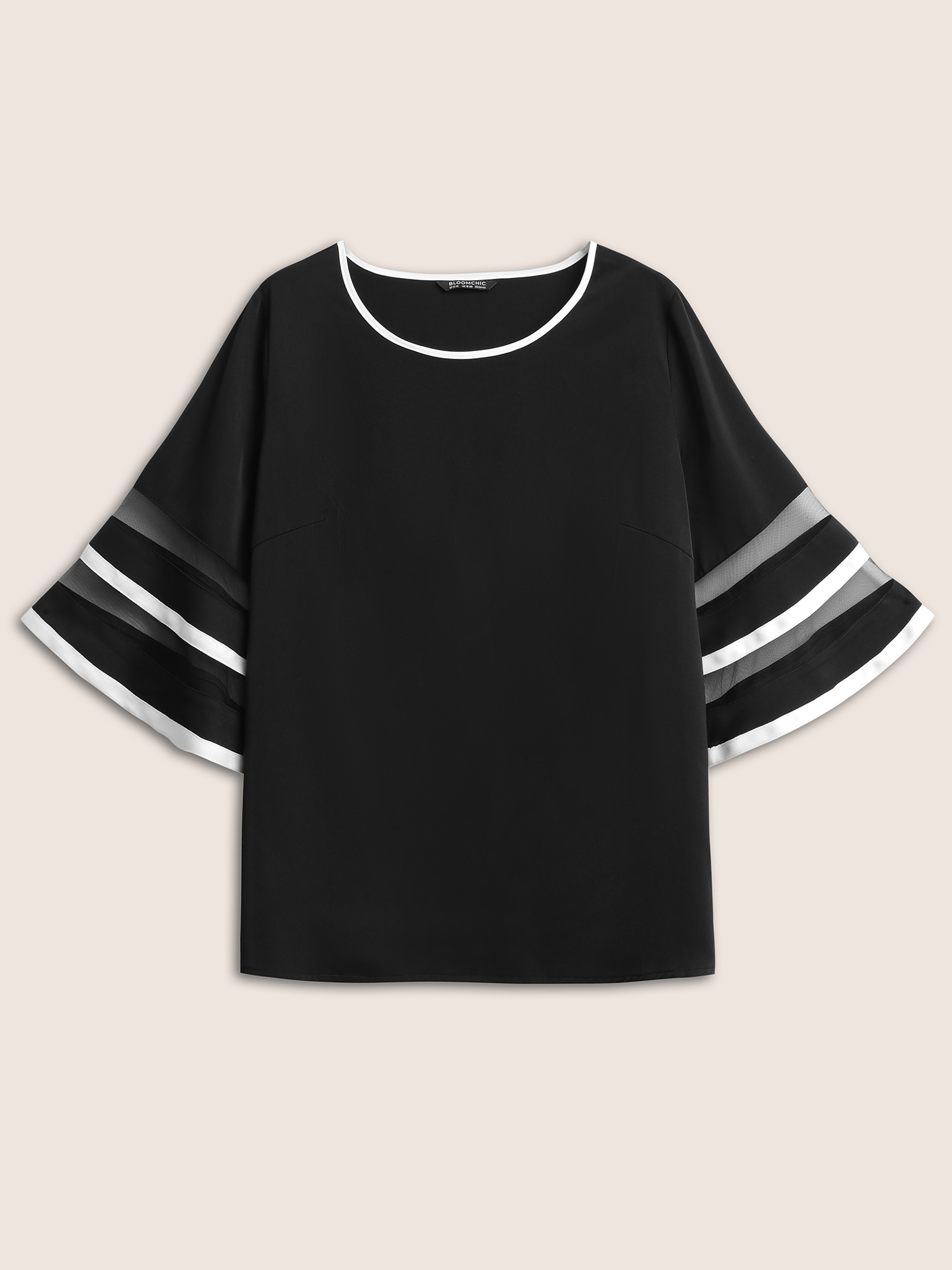 Plus Size Women Work Plain See through Bell Sleeve Elbow-length sleeve Round Neck At the Office Blouses BloomChic 