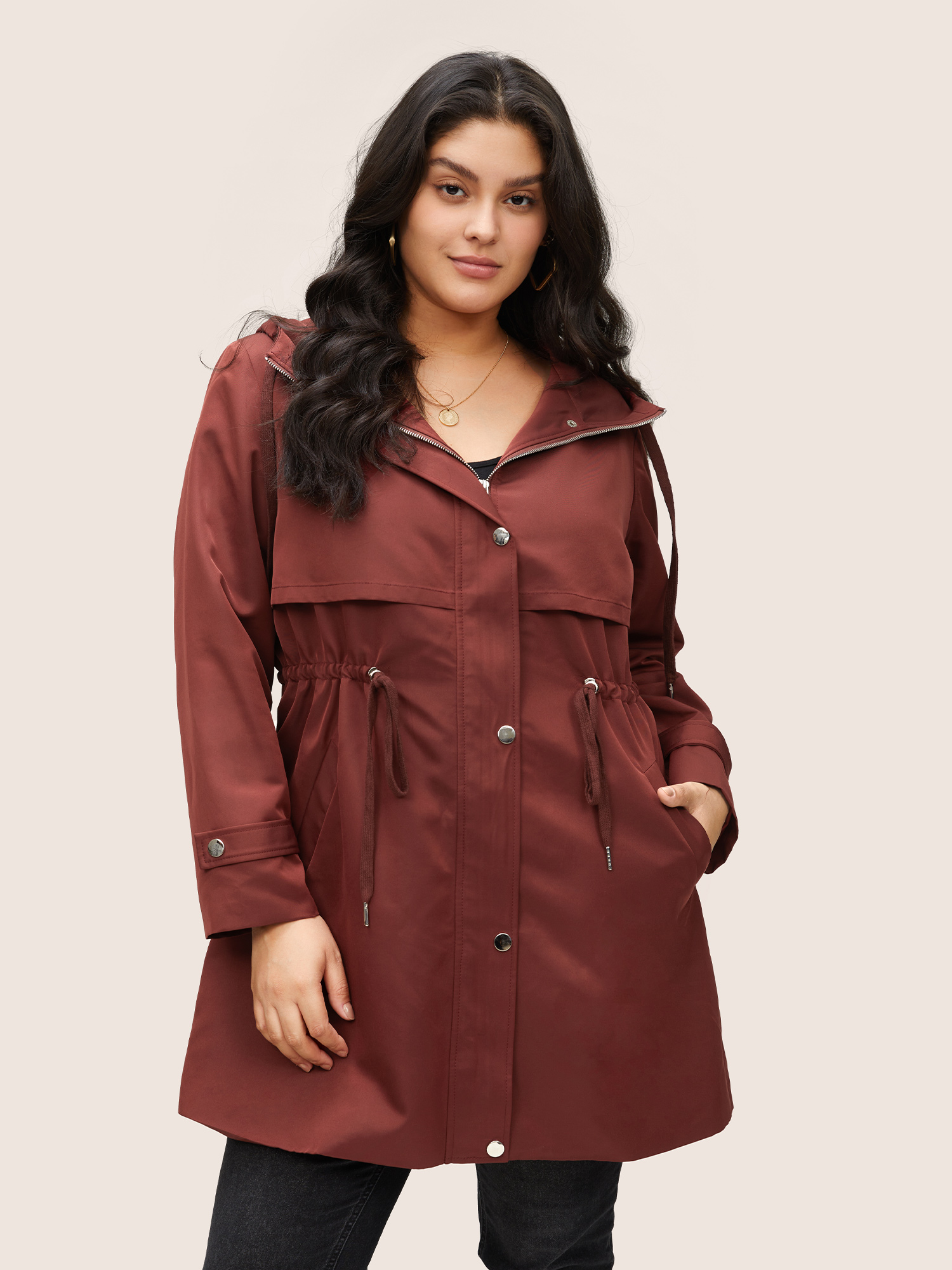 

Plus Size Solid Hooded Button Up Drawstring Coat Women Burgundy Casual Non Ladies Everyday Winter Coats BloomChic