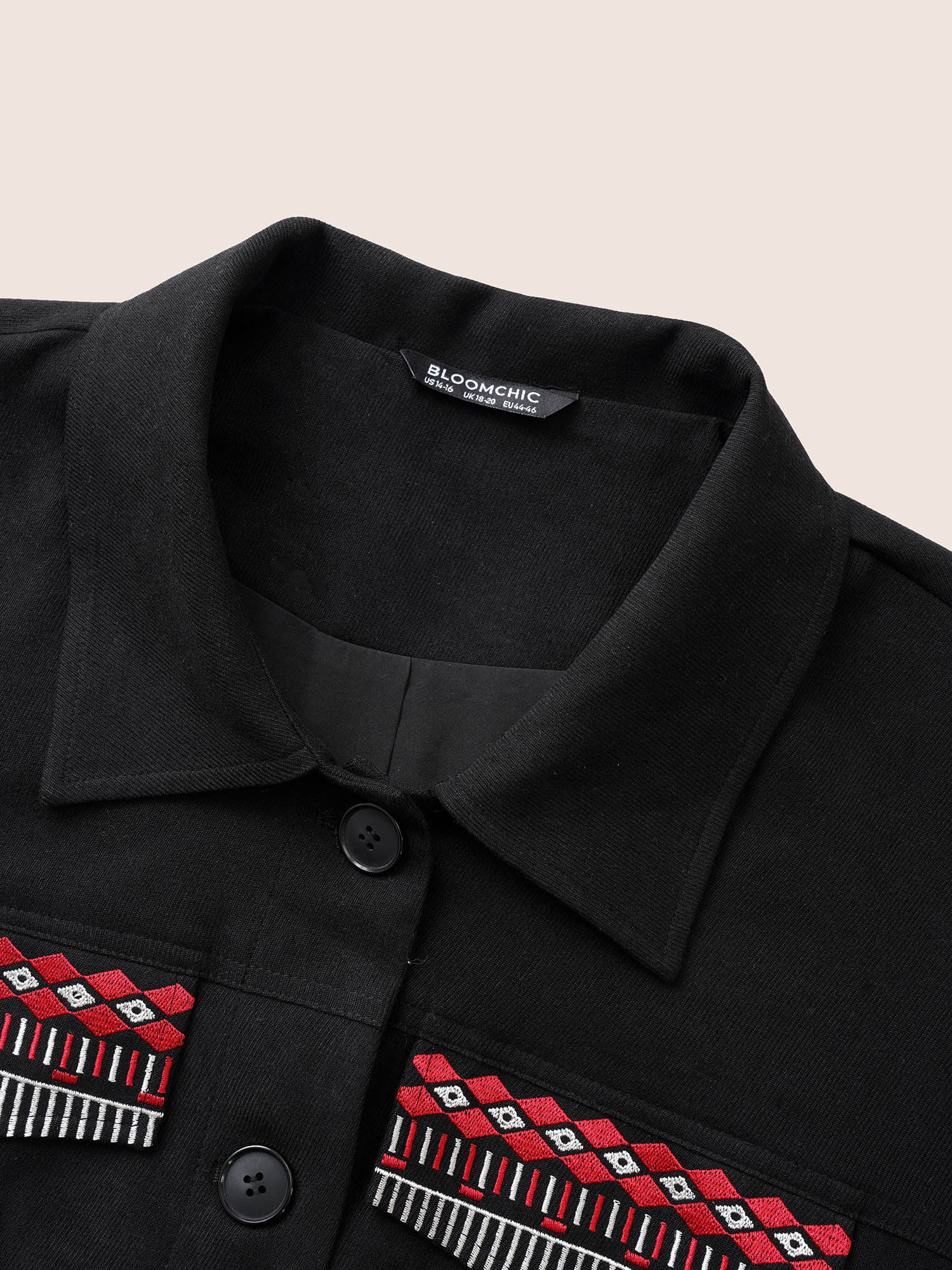 

Plus Size Patchwork Embroidered Flap Detail Jacket Women Black Non Slanted pocket Everyday Jackets BloomChic