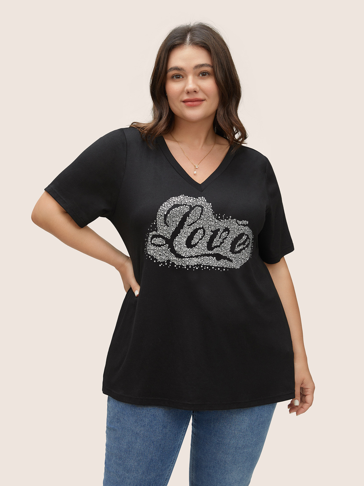 

Plus Size Love Rhinestone V Neck T-shirt Black Women Casual Rhinestone detailing Art&design Everyday T-shirts BloomChic