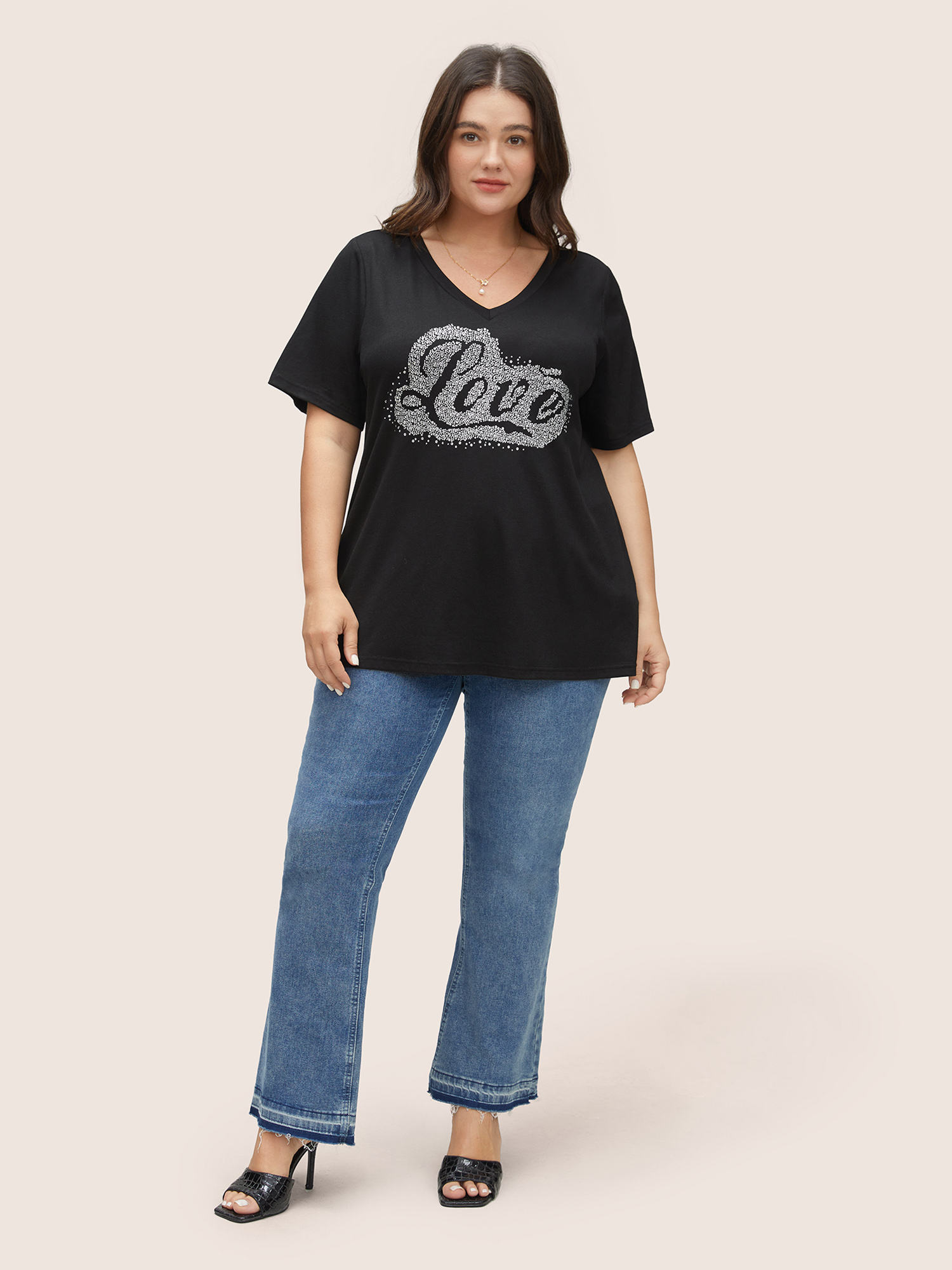 Plus Size Women Everyday Art&design Rhinestone detailing Regular Sleeve Short sleeve V-neck Casual T-shirts BloomChic 